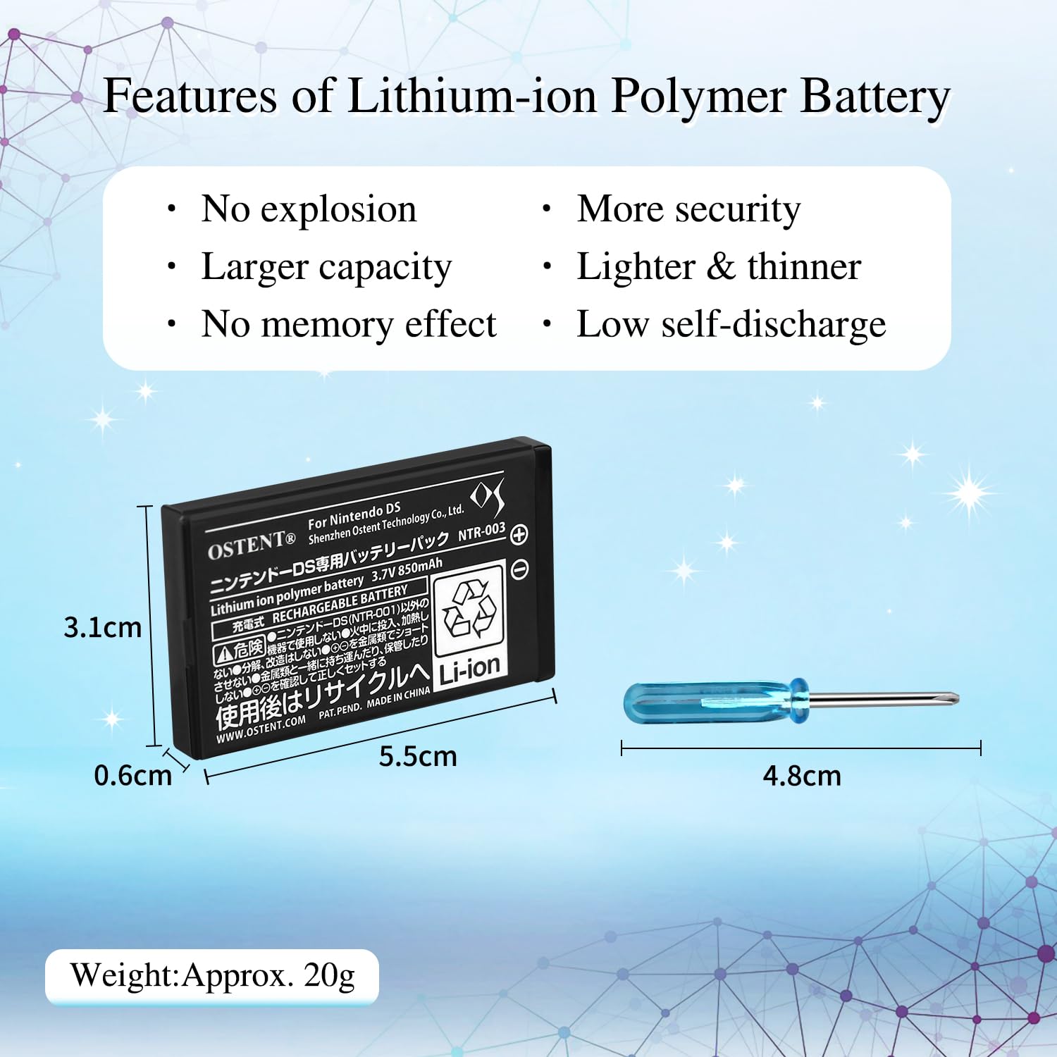 OSTENT 850mAh de Iones de Litio Li-Ion Polímero Recargable Batería Kit de Herramientas para Nintendo DS NDS
