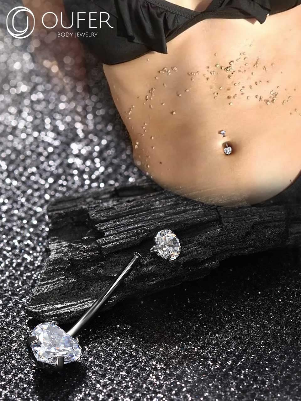 OUFER Titanium Belly Button Rings, Long Belly Piercing Jewelry, Clear CZ Belly Rings, Internally Thread Navel Piercing Jewelry For Women Men - Image 5