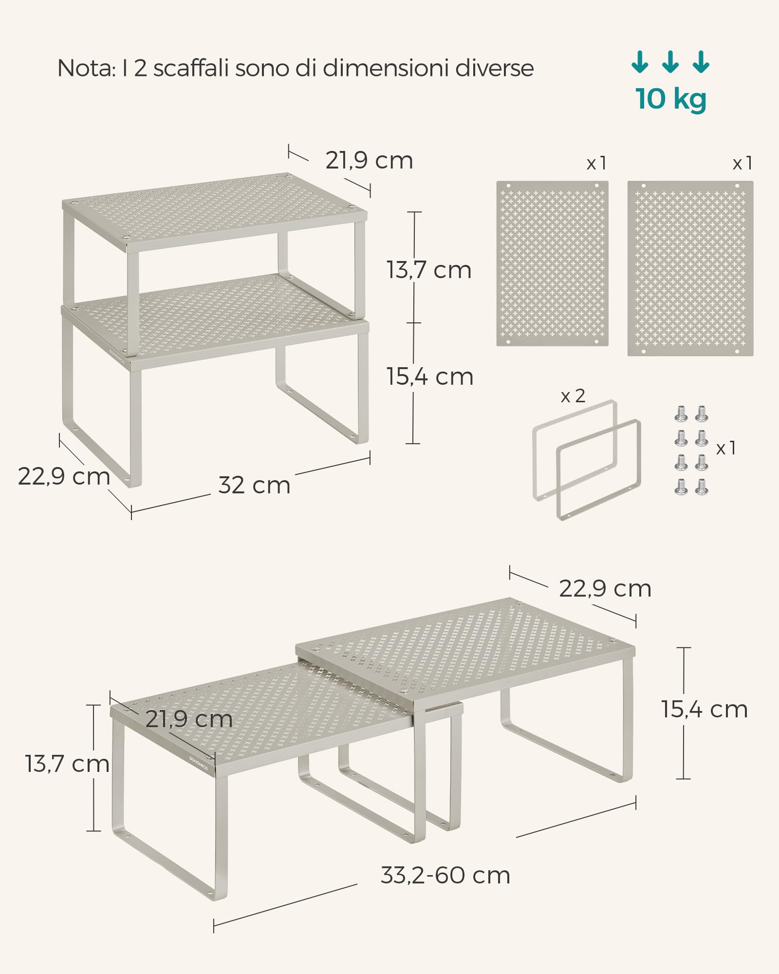 SONGMICS Scaffale Portaspezie, Set di 4 Organizzatori da Cucina Espandibili, Scaffale da Cucina Impilabile, Metallo, Beige Avena KCS006K01