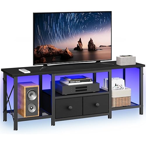 TV Stand with LED Lights, Entertainment Center with 2 Fabric Drawers and Mesh Shelves, Media TV Console Table for TVs up to 50 Inches, for Living Room, Bedroom, Black DS11DBB
