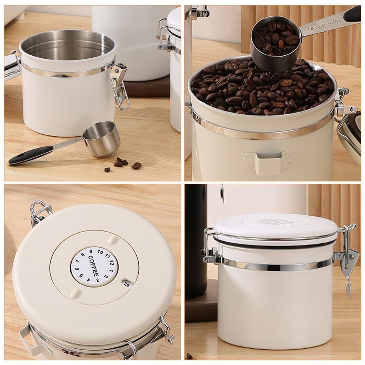 YARNOW Bote Hermético Adecuado para Conservar Granos de Acero Inoxidable con Cuchara 1.2l para Almacenamiento de Café y Té, Estanqueidad y Diseño Beige