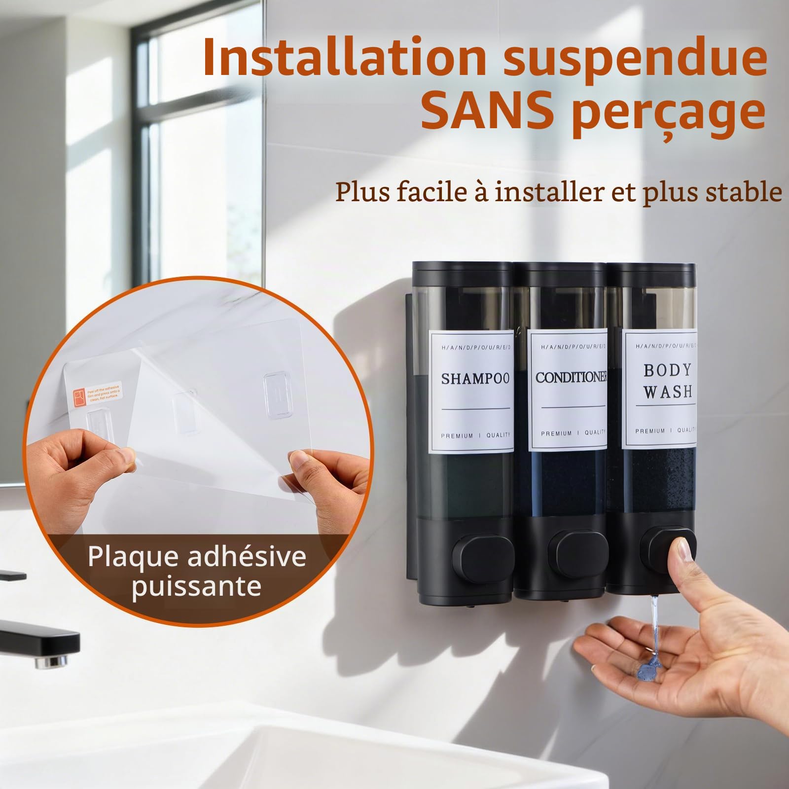 Unisense Distributeur de shampooing et d'après-shampoing, distributeur de savon de douche à 3 chambres, sans perçage, distributeur de shampooing mural pour douche, distributeur de douche mural pour