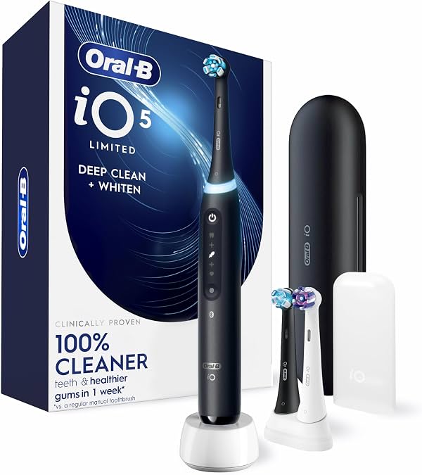 Oral-B Cepillo de Dientes Eléctrico Recargable, iO5 Edición Limitada Limpieza Profunda y Blanqueamiento, 5 Modos de Limpieza, Sensor de Presión Visual para Proteger las Encías, Estuche de Viaje, 3 Cabezales, Negro