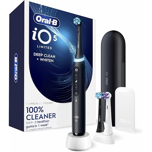 Oral-B Rechargeable Electric Toothbrush, iO5 Limited Deep Clean & Whiten, 5 Cleaning Modes, Visual Pressure Sensor to Protect Gums, Travel Case, 3 Brush Heads, Black