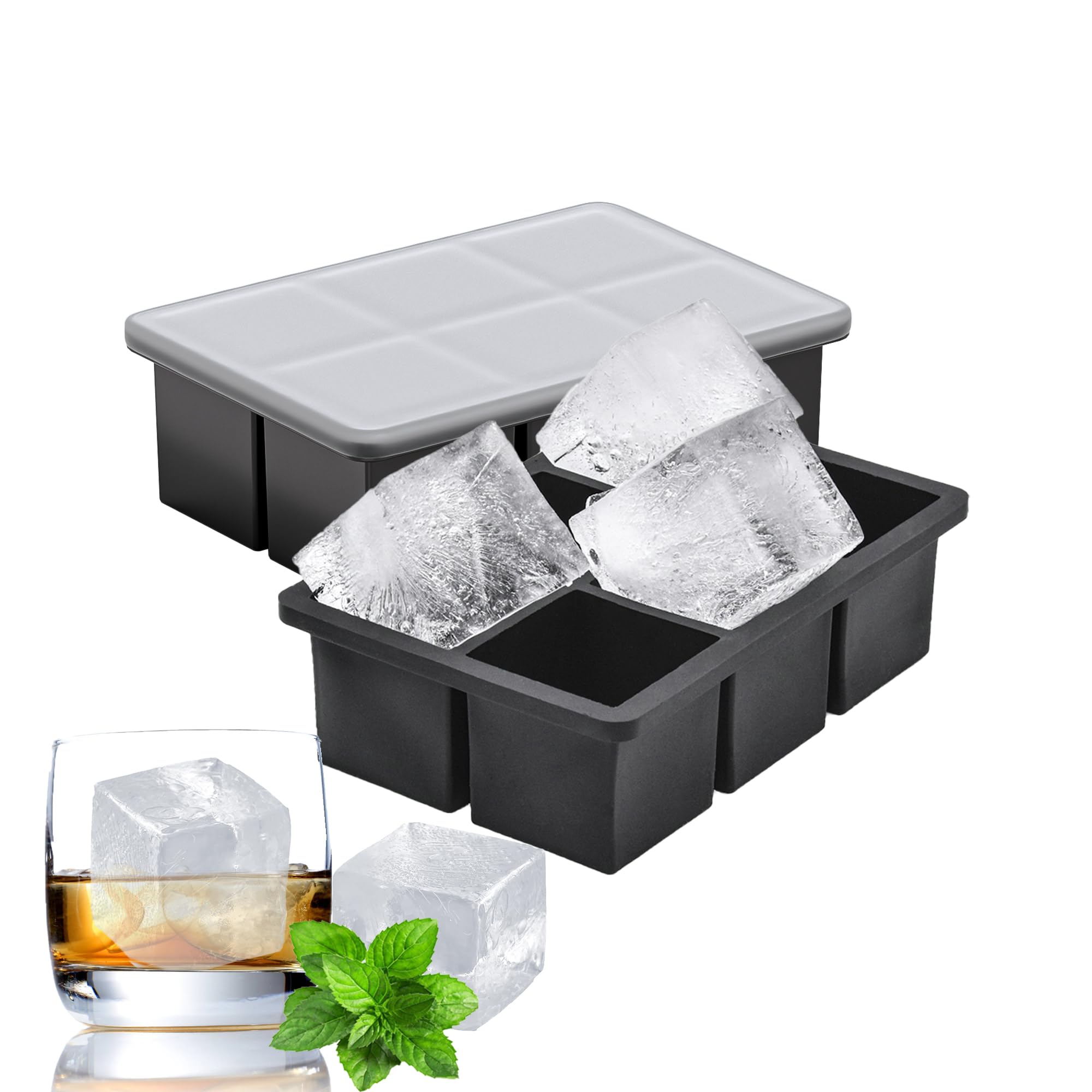 Silicone Square Ice Cube Tray with Lid, Easy Release Large Ice Cube Mould-Pack of 2