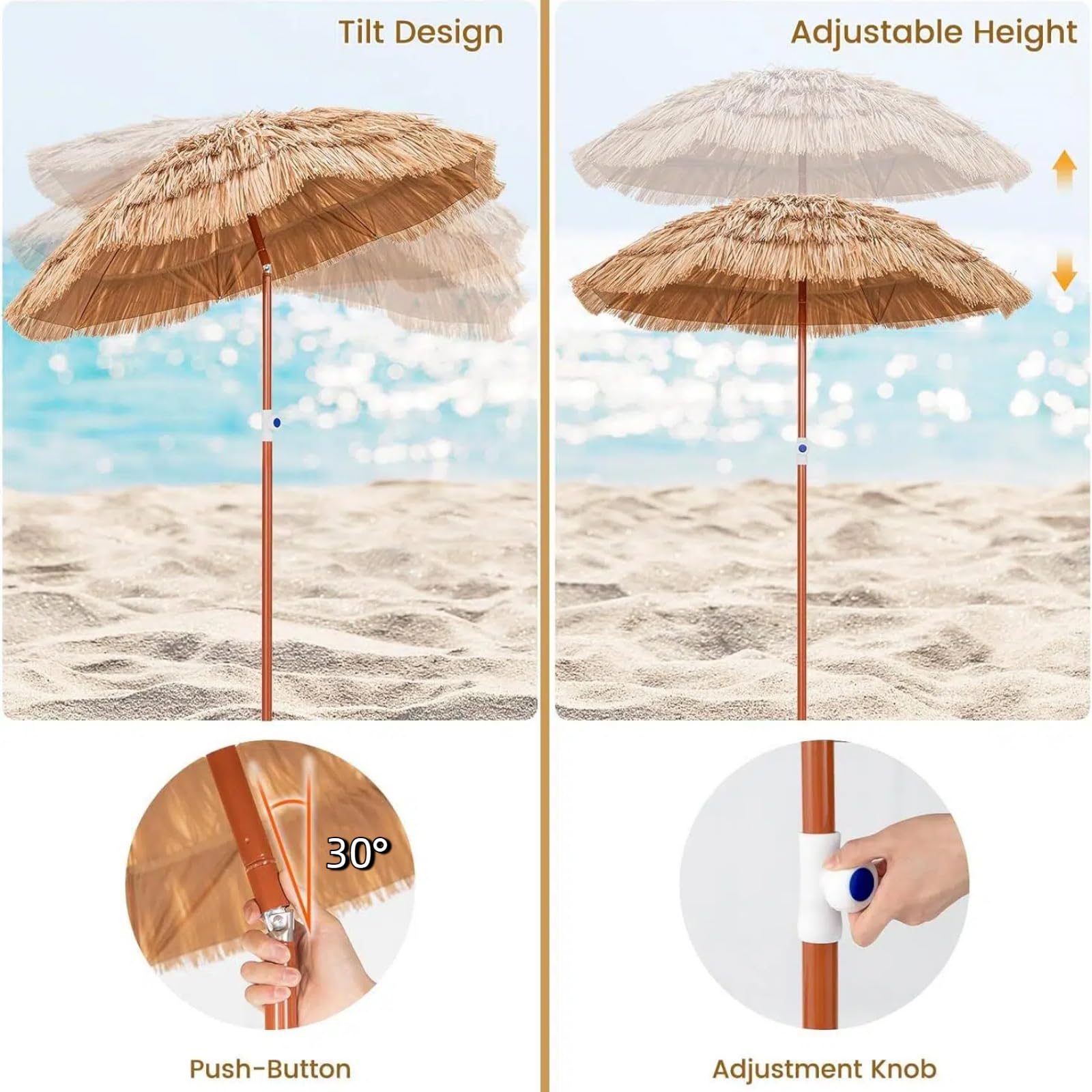 KOMFOTTEU Ombrellone da Spiaggia, Parasole Hawaiano in Rafia Pieghevole, Ombrello da Giardino in Paglia Simulata Inclinabile, Altezza Regolabile, Anti UV, per Balcone, senza Base per Ombrellone
