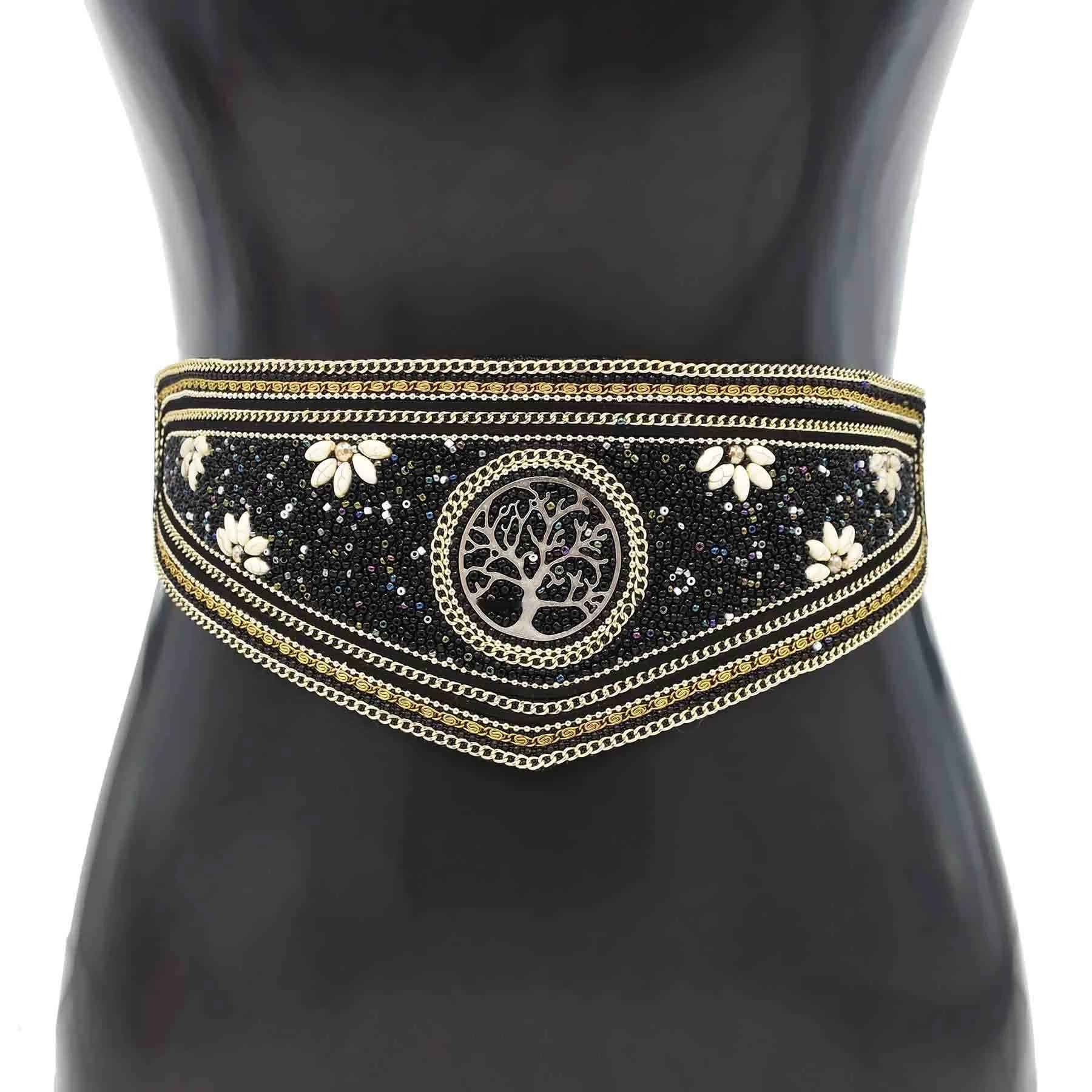 idealway Bohemian Women Belts Wide Stretch Elastic Waist Cinch Belt Handmade Beaded Flower Adjustable Belt for Dresses