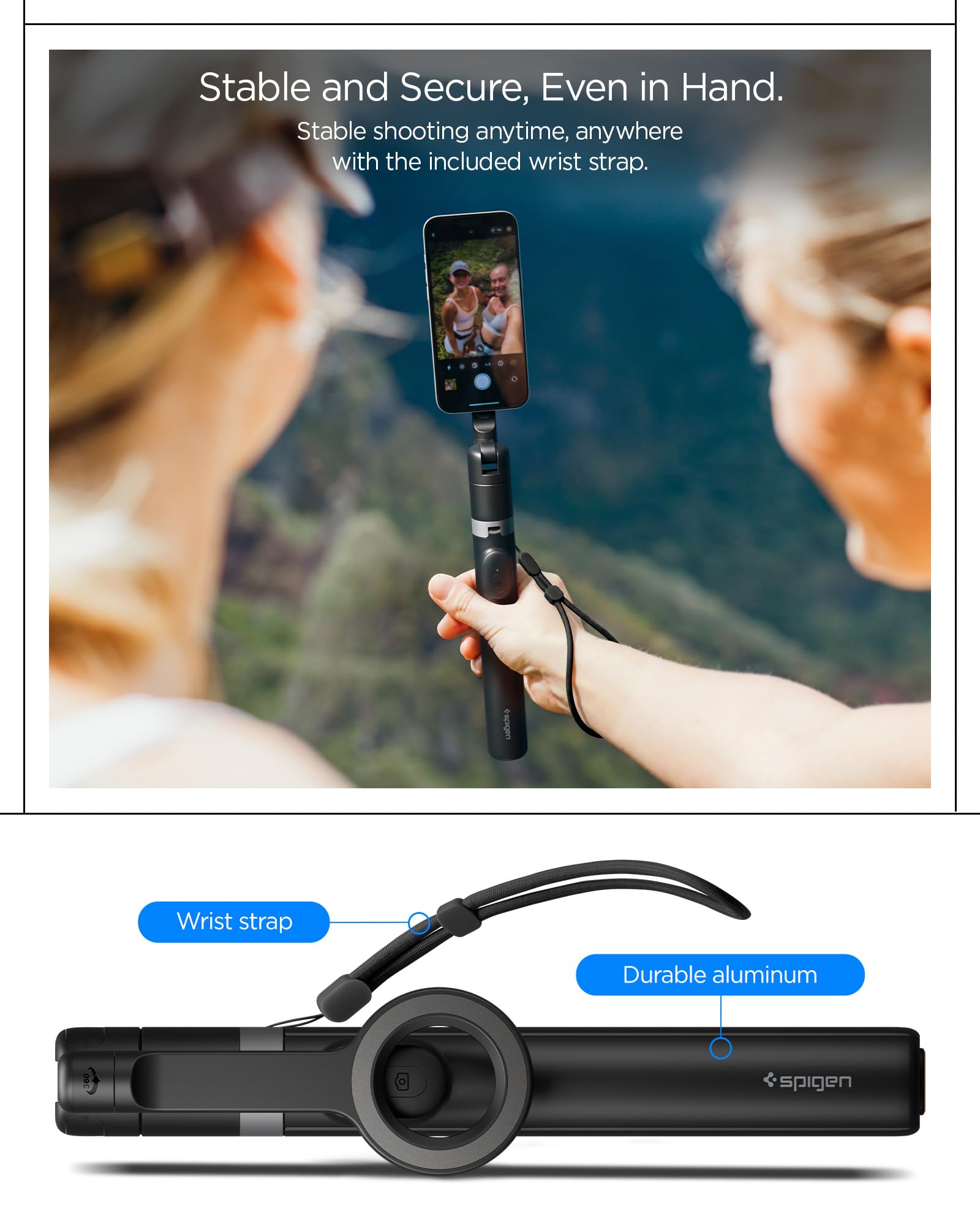 Spigen S582W Selfie Stick Treppiede MagSafe, Bastone Selfie con Telecomando Bluetooth, Estensibile 166,5 cm, Testa 360°, Supporto Magnetico, Anello Universale - Nero