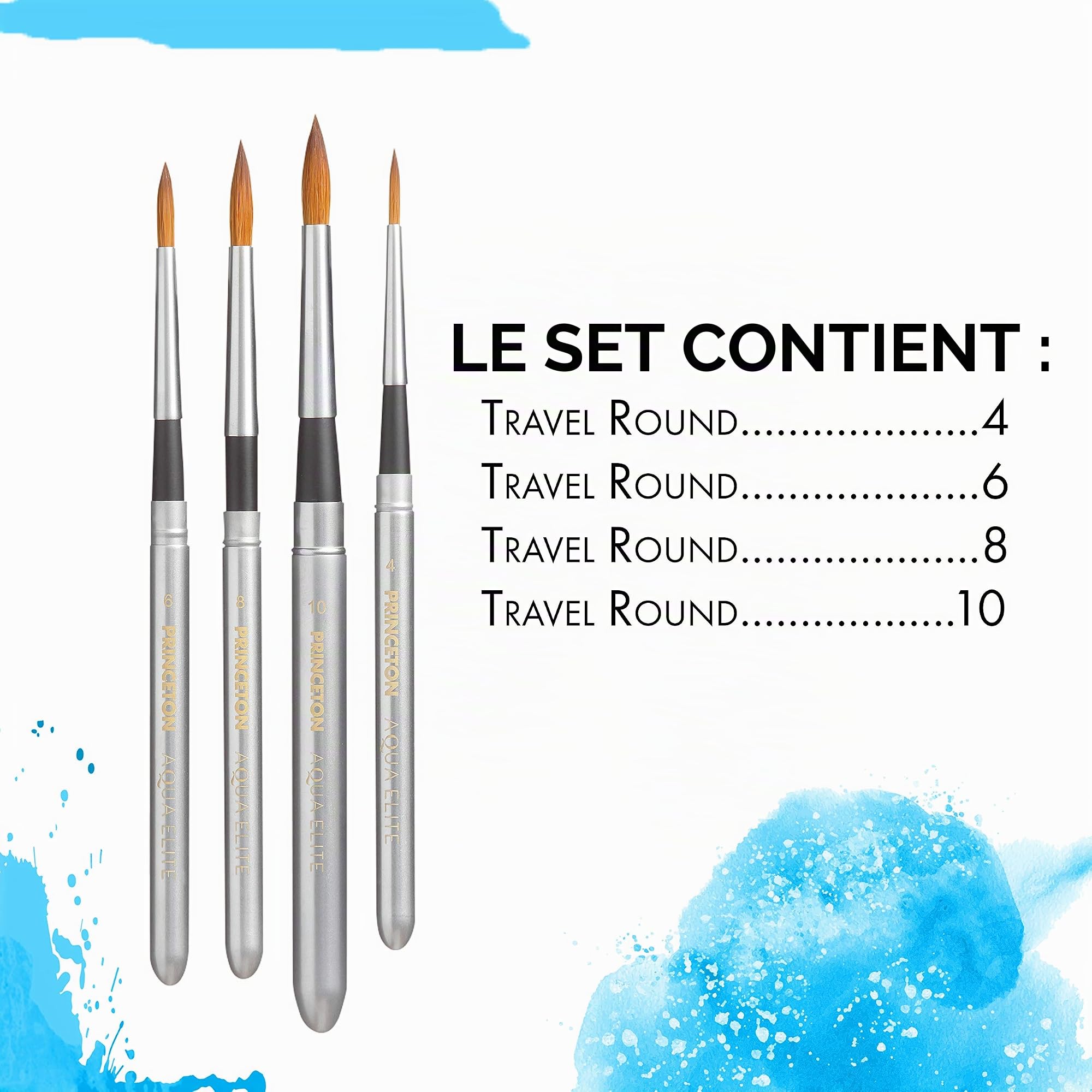 Princeton Aqua Elite - Set de Voyage - 4 pinceaux synthétiques Manche Court pour l'aquarelle séries P4850