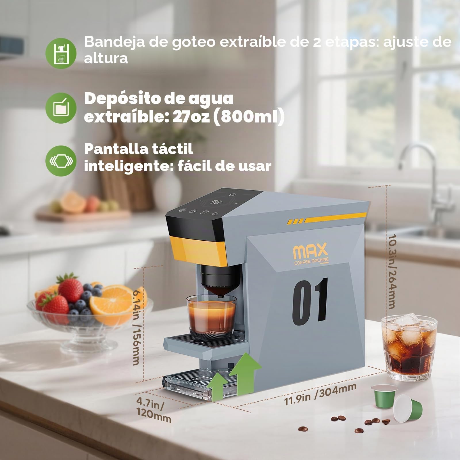 Cafetera 4 en 1, cafetera espresso 19 bares para cápsulas KCup/Nes presso OriginalLine/Dolce Gusto/Café molido, gris nublado
