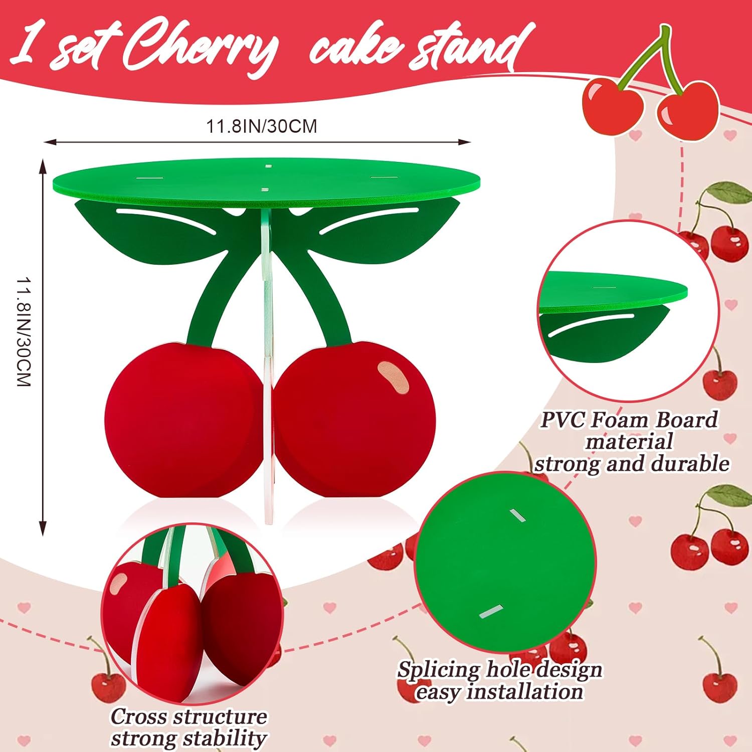 Lallisa 12" Cherry Cake Stand 3D Red and Green Cherry Party Decorations PVC Dessert Holder Centerpieces for Birthday Baby Shower Wedding Party Supplies
