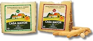 Manchego Cheese D.O.P – Duo Pack (3-Month Semi-Cured + 12-Month Aged) – 2 Wedges Total 1 lb + Free Breadsticks (Picos) – Spanish Sheep’s Milk Cheese by Casa Mayor