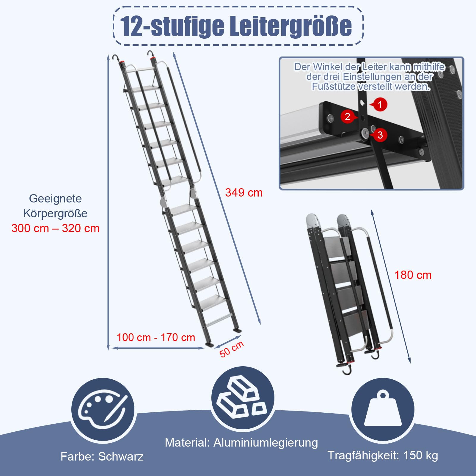Klappbare Dachbodentreppe mit Handlauf ＆ Haken, 3–3,2m Deckenhöhe Aluminium-Bodentreppe, 12-stufige Dachbodenleitern mit Rutschfesten Stufen ＆ Fußpolstern, Tragfähigkeit 150kg