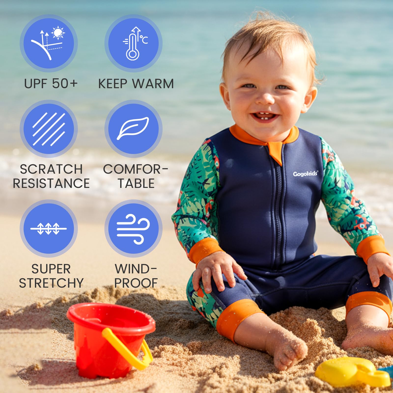 Gogokids Combinaison en néoprène pour bébé de 0 à 3 ans - Maillot de bain thermique - Fermeture éclair à l'avant - Avec doublure en polaire - Manches longues - Protection contre le soleil et la