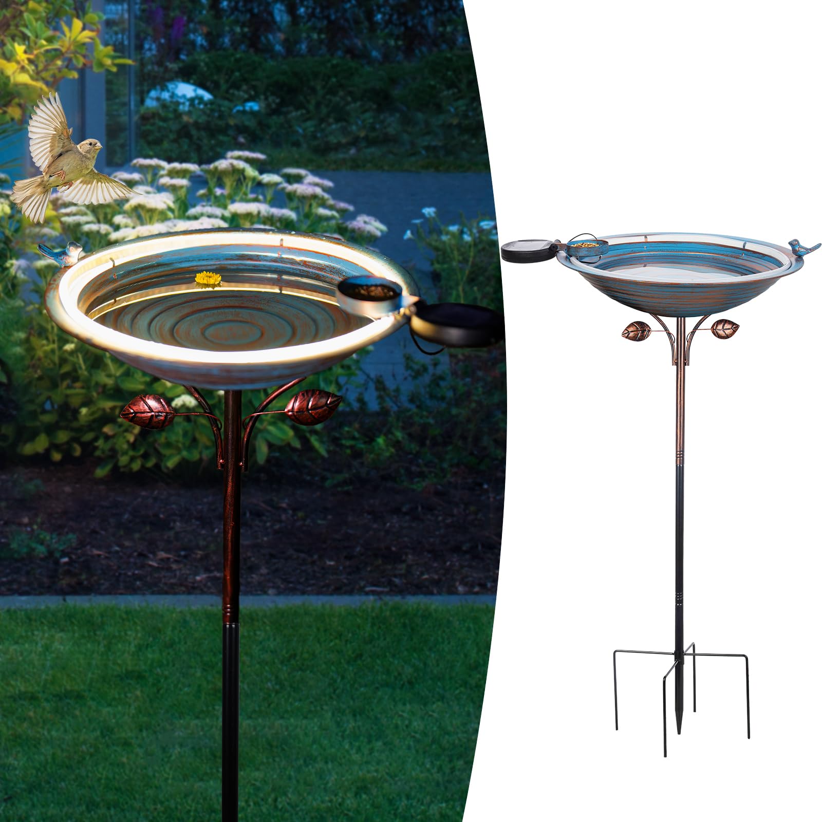 Vogeltränke aus Metall mit Pfahl, große stehende Vogeltränke mit Solarlicht, 99,1 cm hohe Vogeltränke und Futterstation mit 38,1 cm Schüssel und dekorativem Gusseisen-Vogel für den