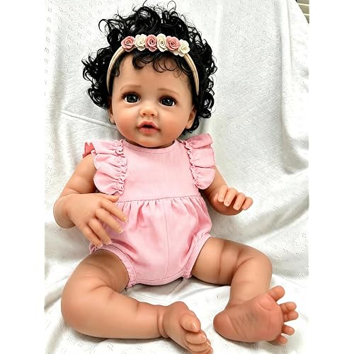 SCOM 18 Inch Reborn Baby Doll Black Girl - Realistic African American Baby Dolls, Real Life Hispanic Dolls with Soft Weighted Body, Dark Brown Skin Real Baby Reborn Gift Toy for 3+ Years Old Kids