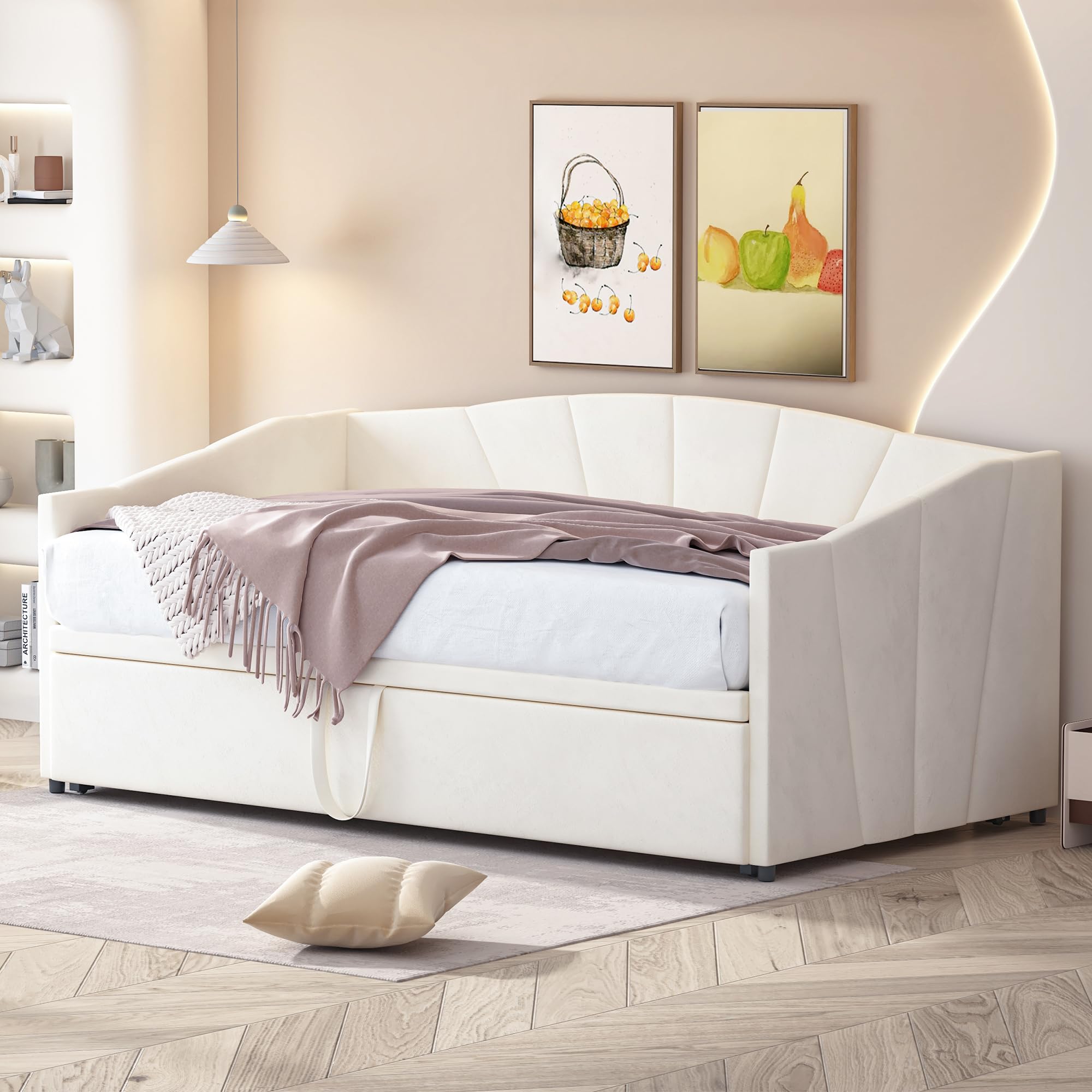 Letto imbottito, divano letto allungabile con rete a doghe, letto multifunzione in tessuto di velluto delicato sulla pelle, 90/180 x 200 cm (beige)
