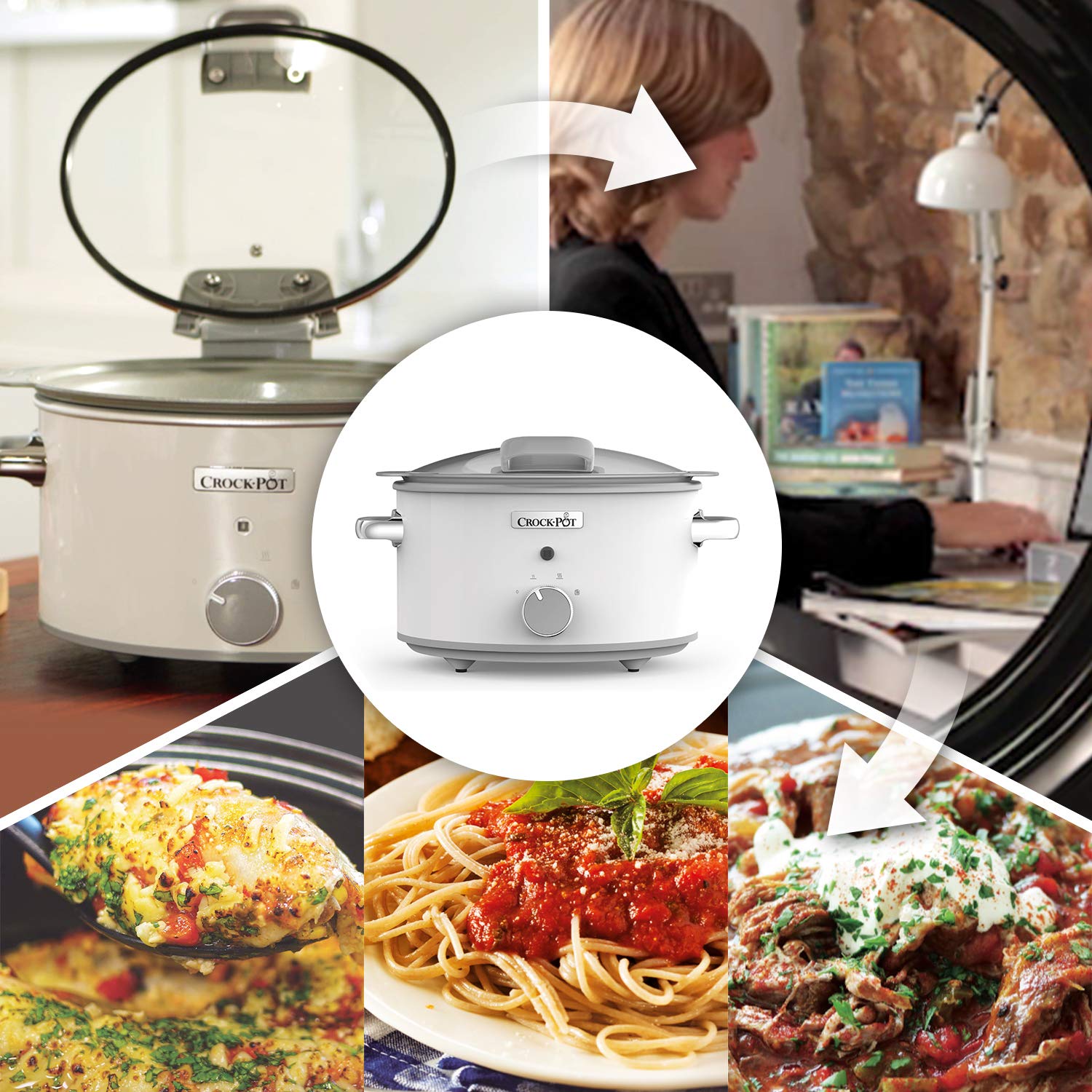 Crock-pot Pentola per Cottura Lenta, Slow Cooker, 4.5l, fino a 5 Persone, DuraCeramic, Sauté per rosolare su Gas e Induzione, Coperchio con Cerniera, 2 Impostazioni Cottura e Funzione Warm, Bianco