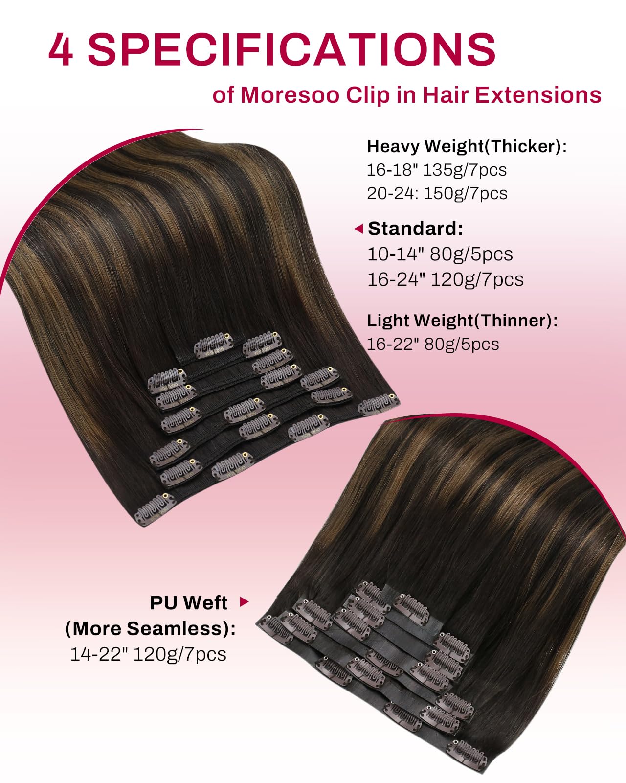 Moresoo Clip in Hair Extensions Real Human Hair Balayage Medium Brown and Blonde Real Hair Extensions Clip in Human Hair for Women Full Head 22 Inch 7pcs/120g #4/6/613 — view 93