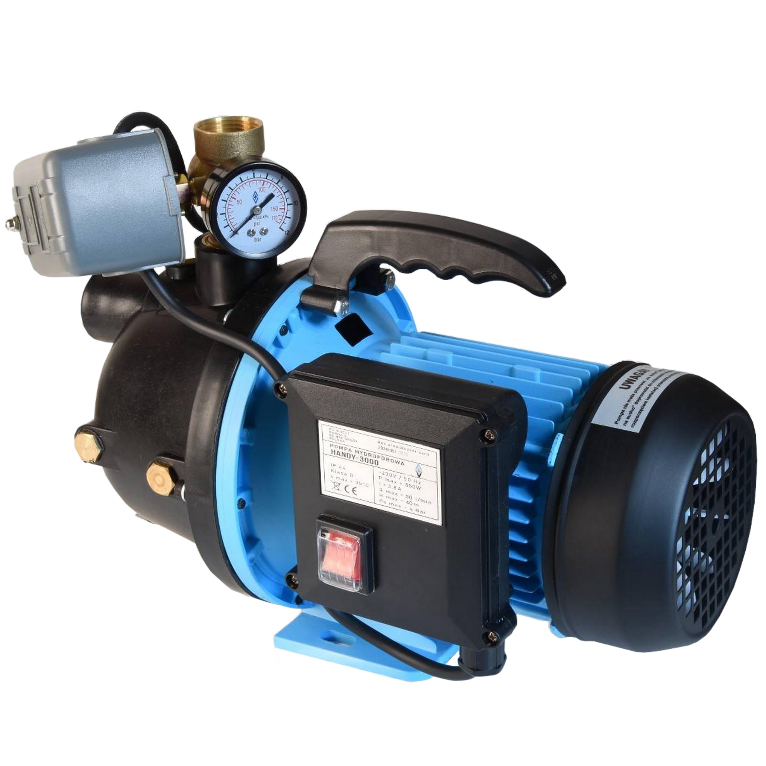 Wasserpumpe HANDY 3000 - Gartenpumpe (550W 3000l/h Förderhöhe 40m) - mit Manometer Druckschalter 5-Wege Verteiler - Tragbare - elektrische Pumpe Hauswasserwerk - für Brauchwasserversorgung Bewässerung