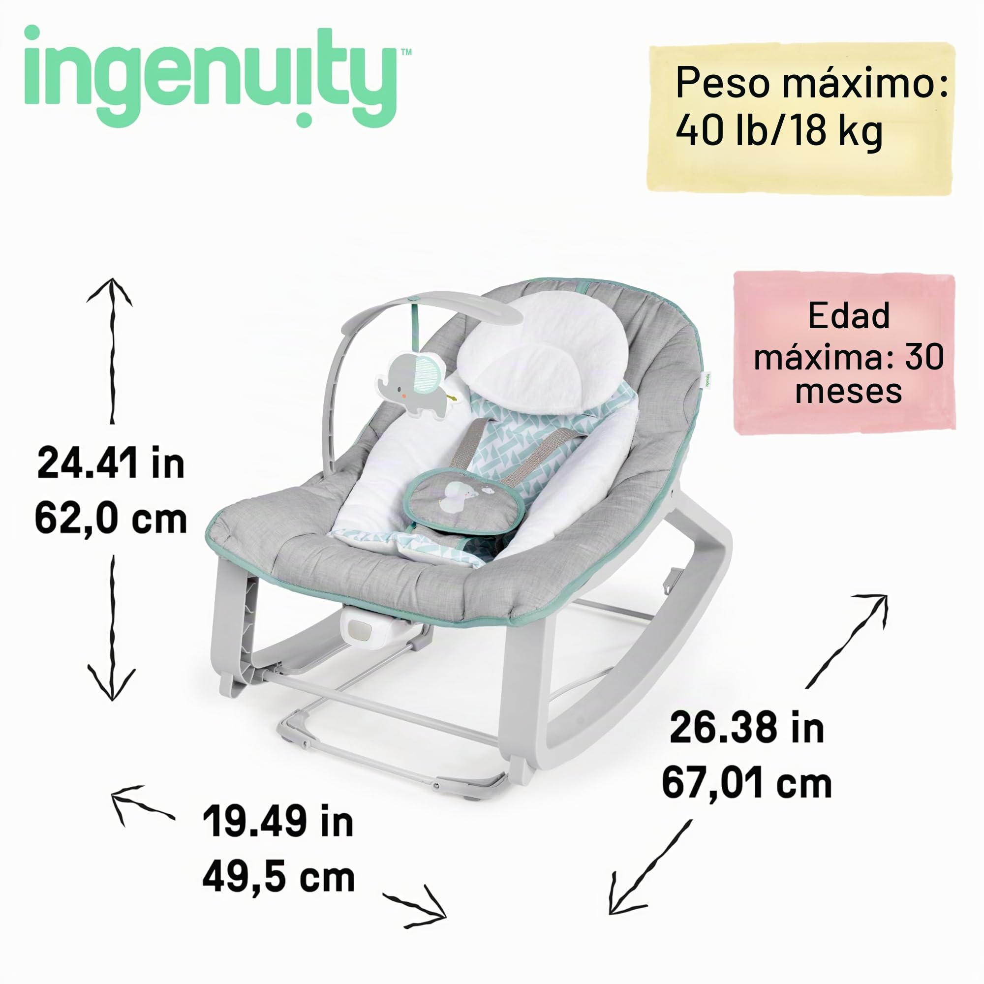 Ingenuity, Hamaca Mecedora para Bebés 3en1 Keep Cozy - Weaver, Vibraciones Relajantes, Arco de Juguetes, Arnés de 5 Puntos, 2 Reclinaciones, Unisex, desde recién nacidos hasta los 18 kg