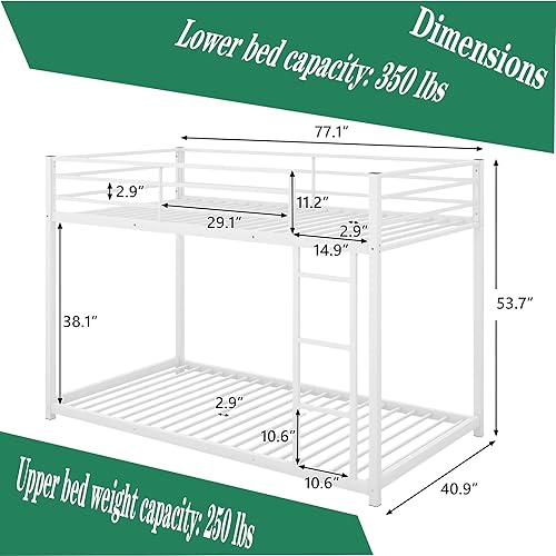 Miniatura 2 de Literas de metal de tamaño individual sobre individual, litera baja de metal para niños, marco de cama resistente con barandilla de seguridad y