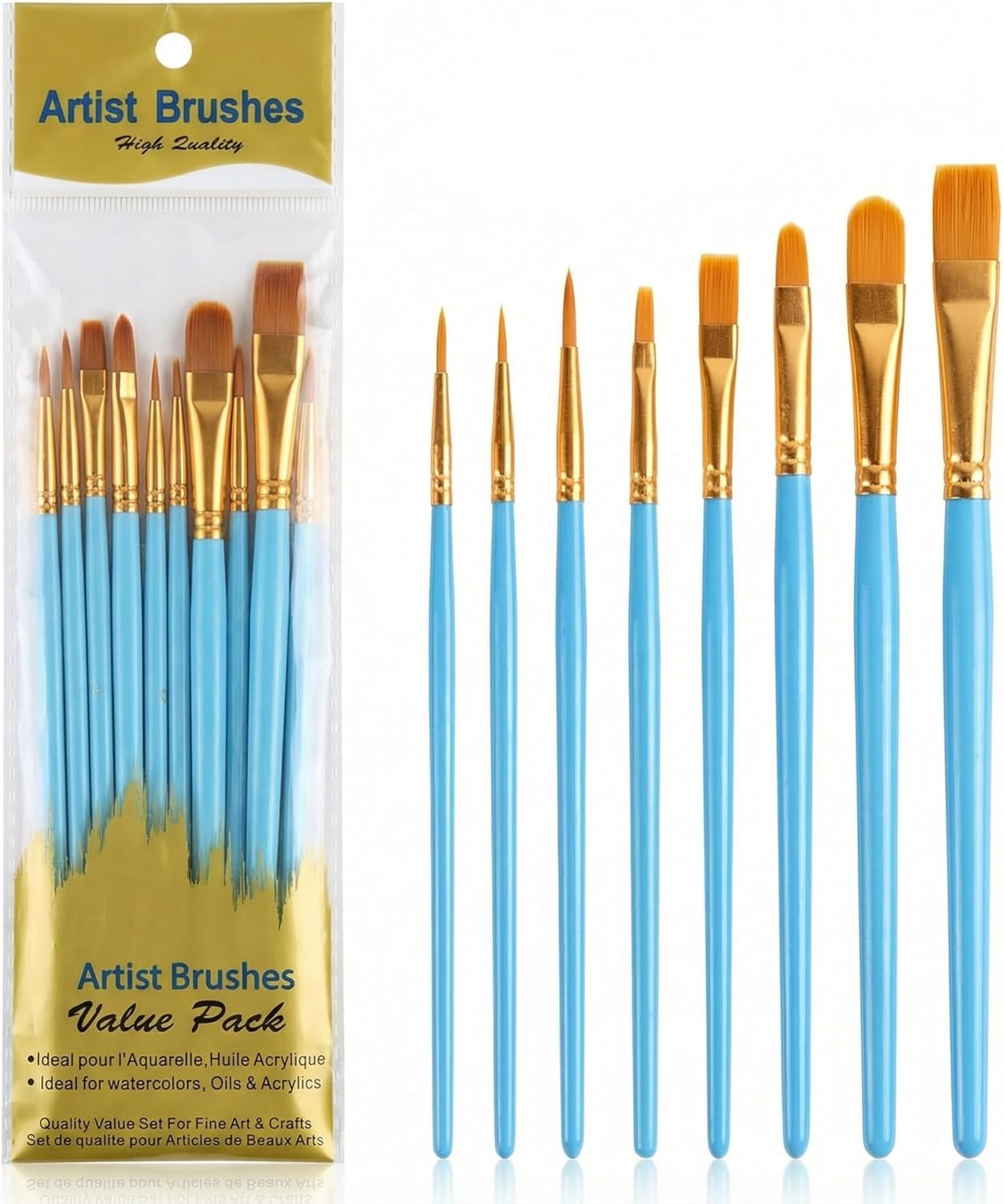 10-Piece Beginner Watercolor Brush Set – Easy-Grip Wooden Handles, Soft Nylon Tips – 10 Sizes & Shapes for First-Time Painters, Kids & Absolute Beginners