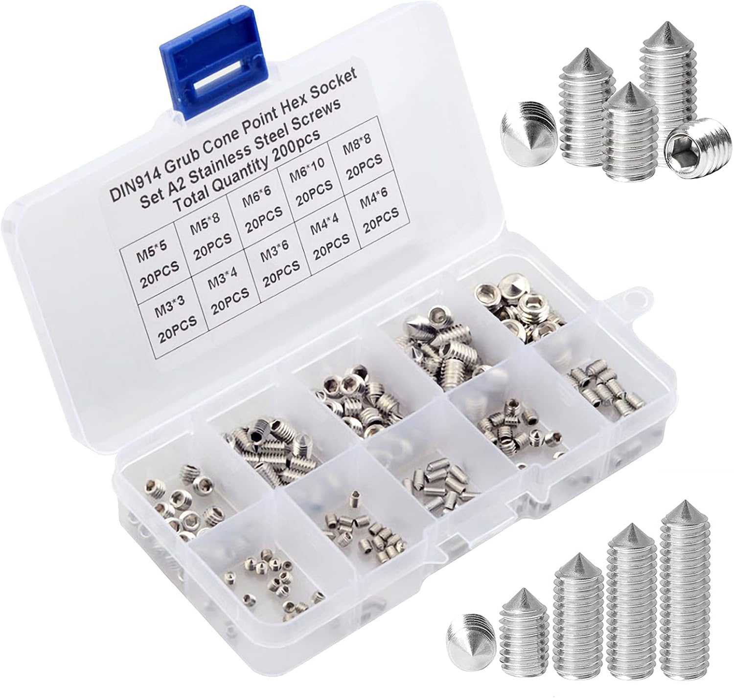 پک 200 عددی پیچ آلن قفل‌شونده نوک کون استیل MAKINGTEC (M3–M8)