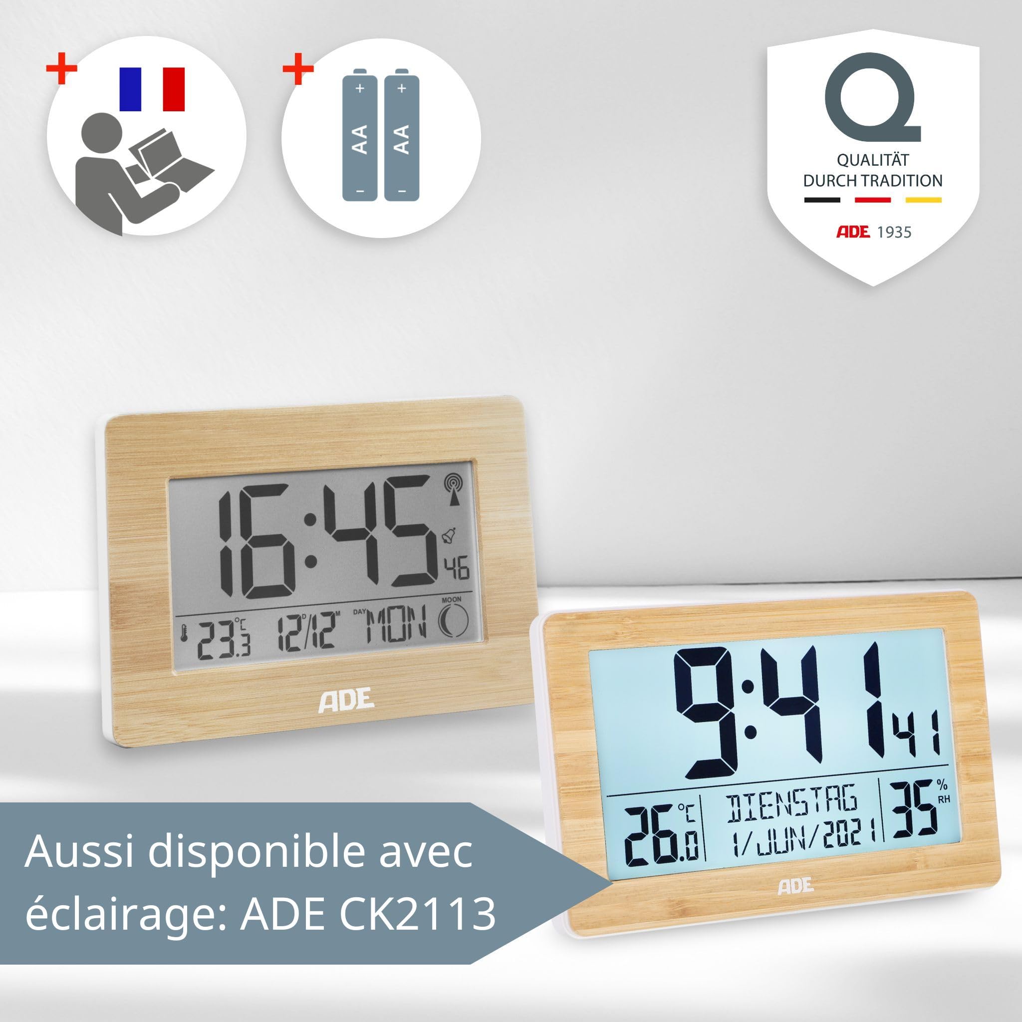 ADE Horloge Radio pilotée numérique | Chiffres XXL | Horloge Murale/de Table Digitale | Affichage de la température | Design Moderne | silencieuse | Calendrier numérique | à Piles | Cadre Bois Bambou