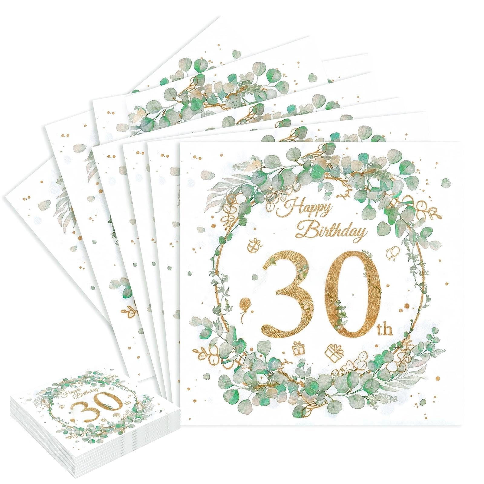 40Pcs 30th Birthday Party Napkins, Disposable Sage Green 30th Birthday Decorations, Eucalyptus Wreath 33x33cm Paper Serviettes Napkins for Women Her Party Decorations