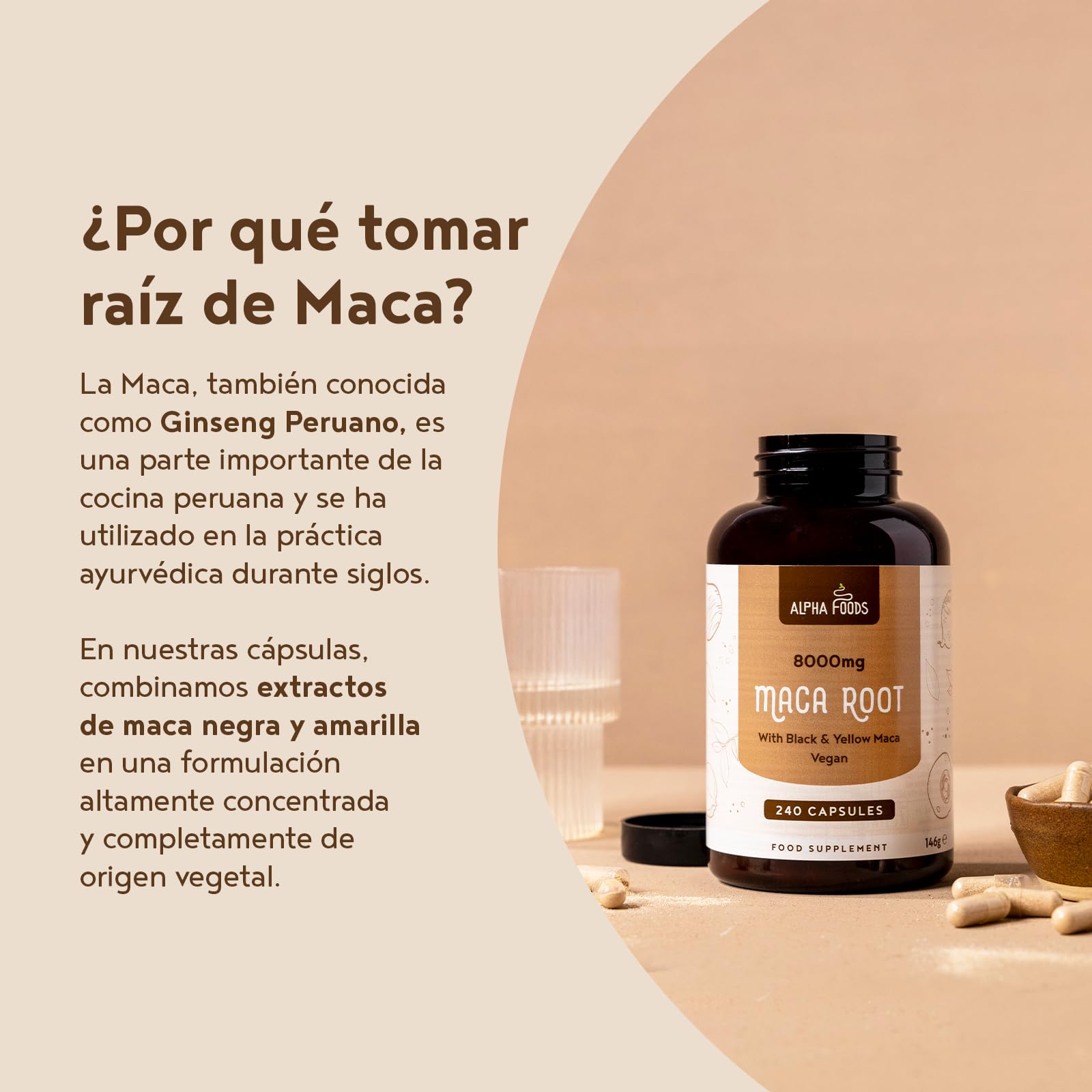 Raíz de Maca Negra Peruana Pura 8000mg | 240 Capsulas Veganas | Extracto 10:1 Maca Root Andina Black y Amarilla | para 8 Meses de Suministro | Sin Aditivos | Alpha Foods