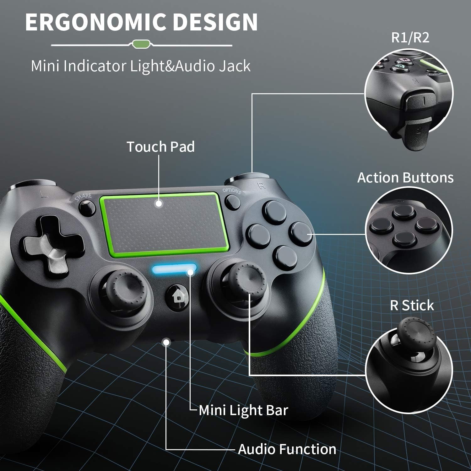 Controller Wireless per PS4, Joystick PS4 Compatibile con PS4/Pro/Slim/PC, Gamepad con Doppia Vibrazione, Sensore Giroscopio a 6 Assi, Turbo, Touch Panel, Jack per Cuffie da 3,5mm