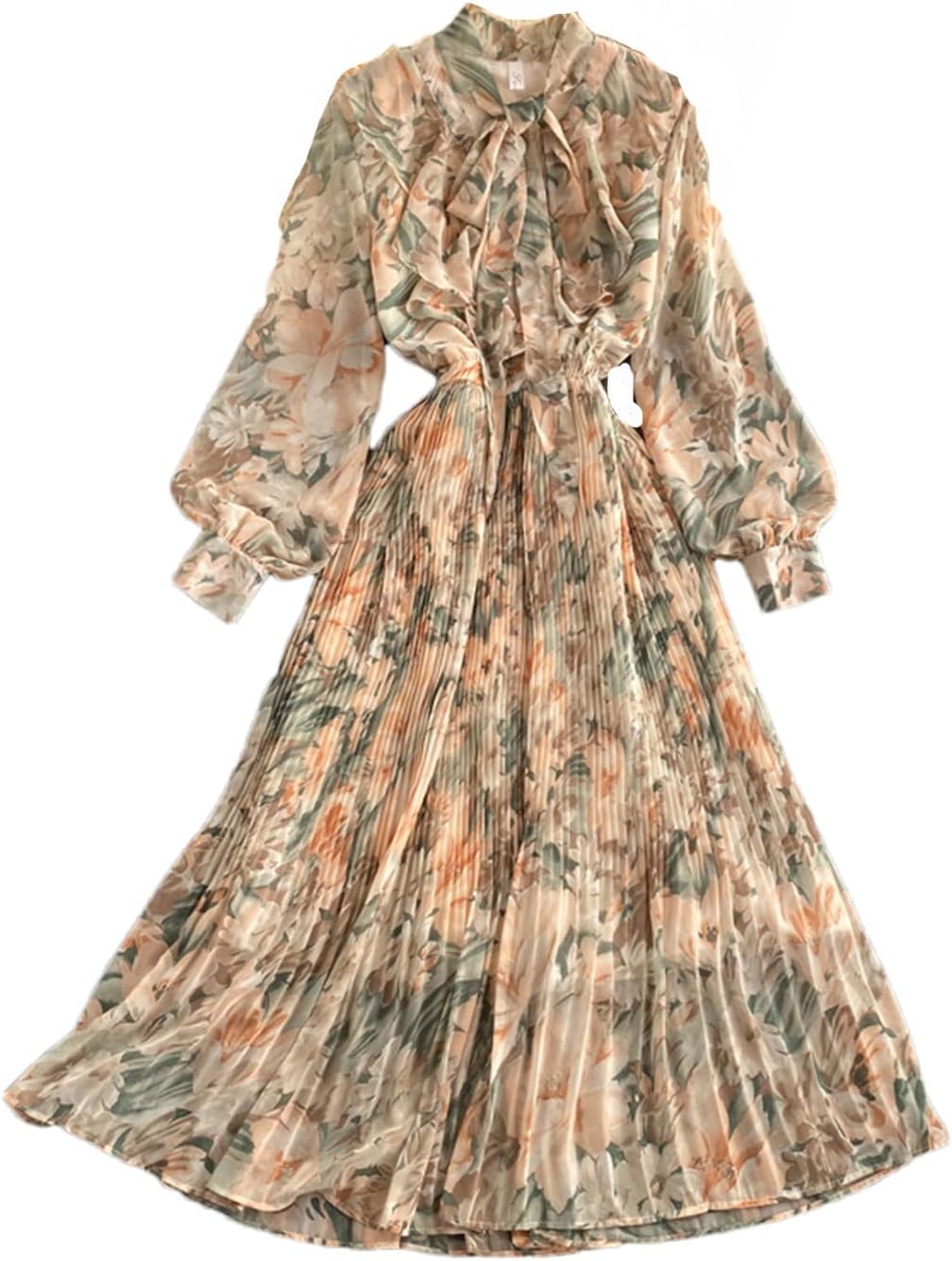 Spring Bow Collar Long-Sleeved Floral Chiffon Dress Women Vintage Pleated Mid-Calf Dress