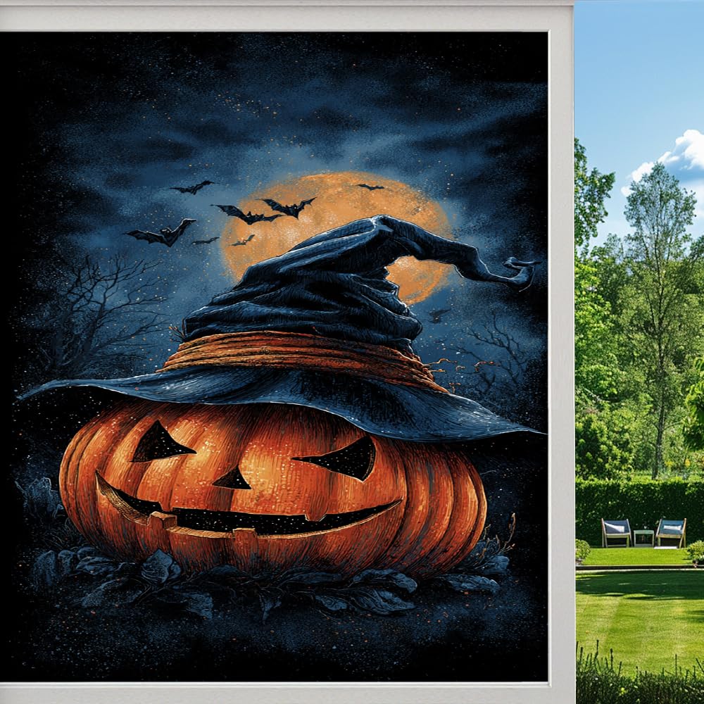 Pmlbaous Witch Hat Pumpkin Privacy Window Film, Horror Halloween Moon Frosted Self-Adhesive Vinyl Cling For Glass Doors Bathroom Windows Sun Blocking Heat Control, （55X100cm）