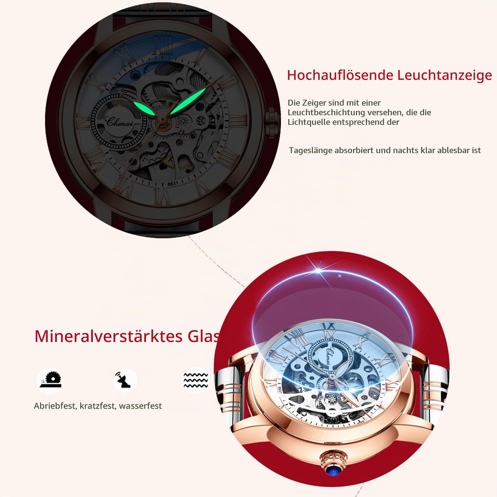 FORSINING Automatische mechanische Damenuhr, rotgoldenes Edelstahlband, luxuriöses Skelett-Zifferblatt, elegante Damen-Armbanduhr