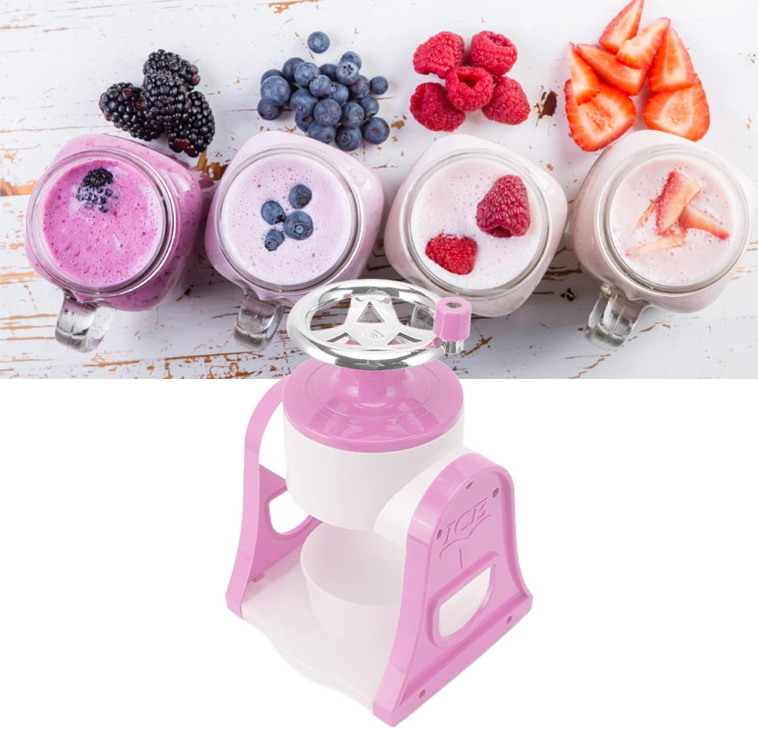 Hand Crank Ice Crusher,Ice Crusher Shaver,Ice Maker for Making Drinks for Fast Coarse, Shaved or Fine Chips Snow Cones or Slushies Mini Portable Ice Machine Ice Crusher for Children(Pink)