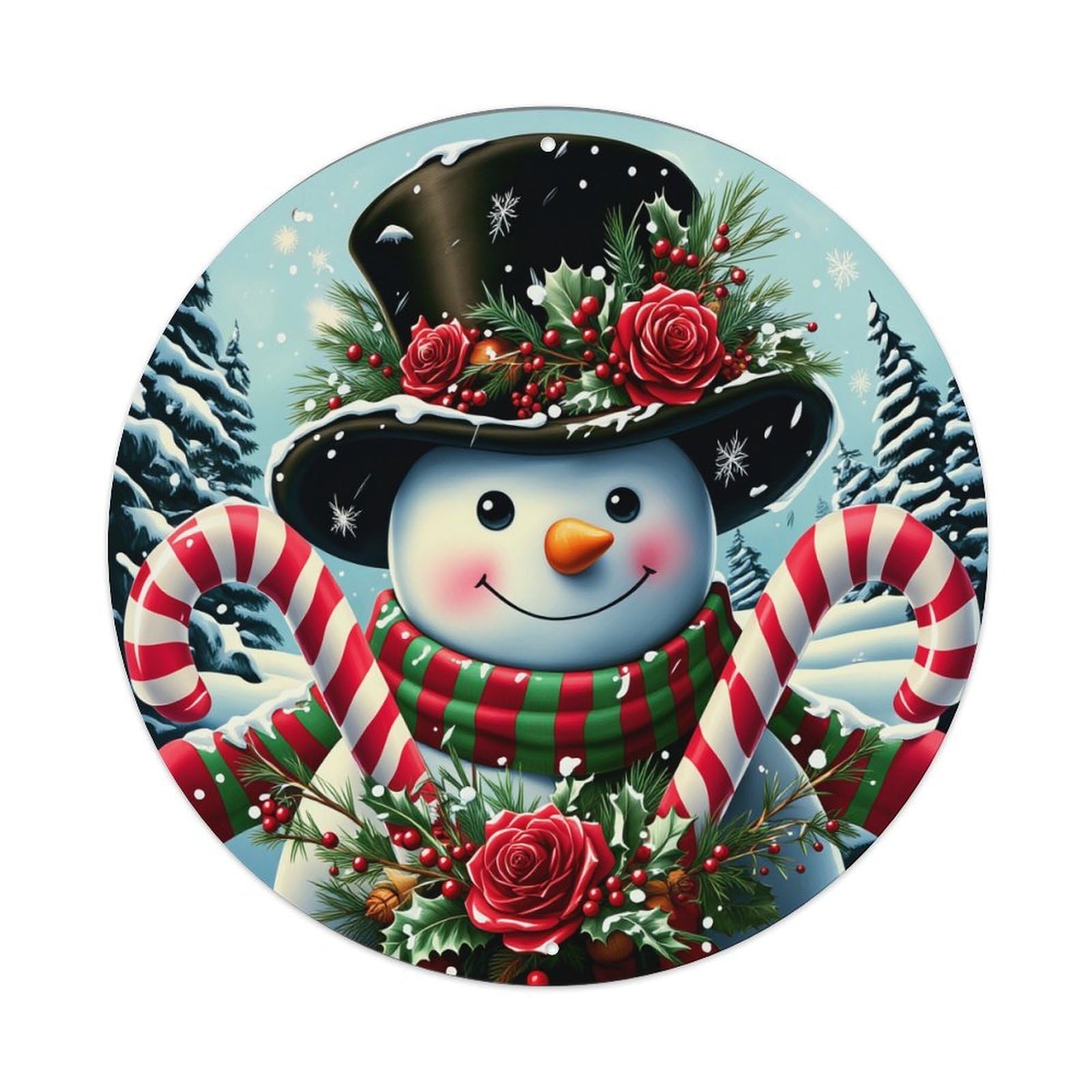 Snowman Hat Candy Canes Roses Round Tin Sign Retro Metal Sign for Cafe Bar Pub Home Game Room Gym Club Wall Decoration Vintage Metal Poster 8x8 Inch