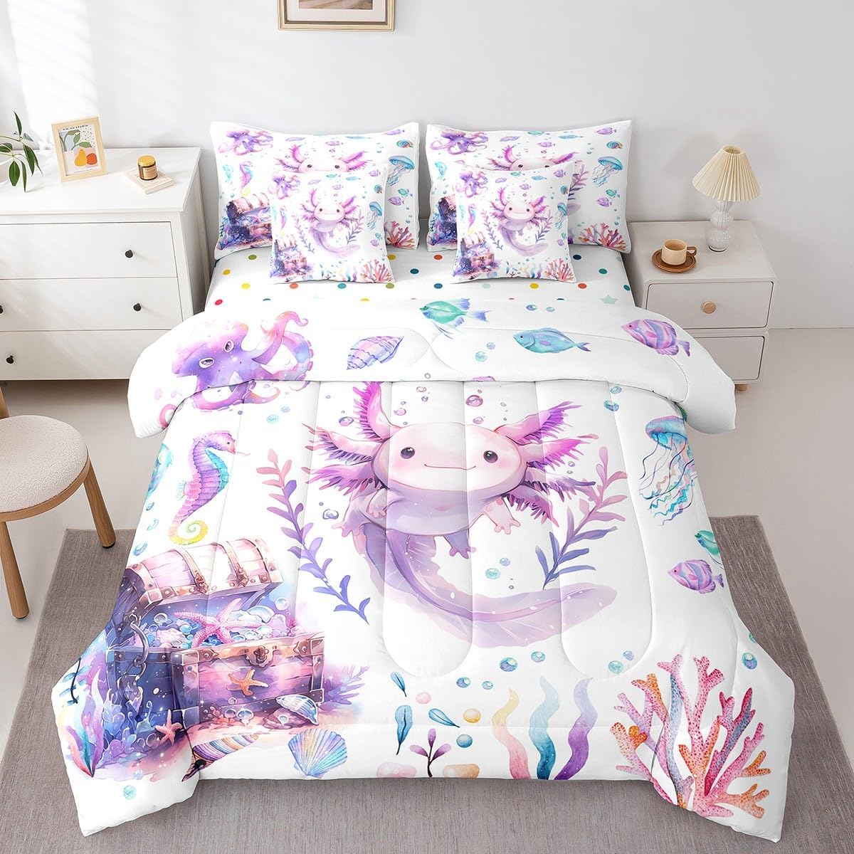 Cute Axolotl Comforter Set in a Bag 7 Pieces Reversible,Kids Salamander Animals Bed Set,Coral Underwater World Bedding,Twin (1 Comforter,2 Pillowcase,2 Pillow Covers,1 Flat Sheet,1 Fitted Sheet) image 3