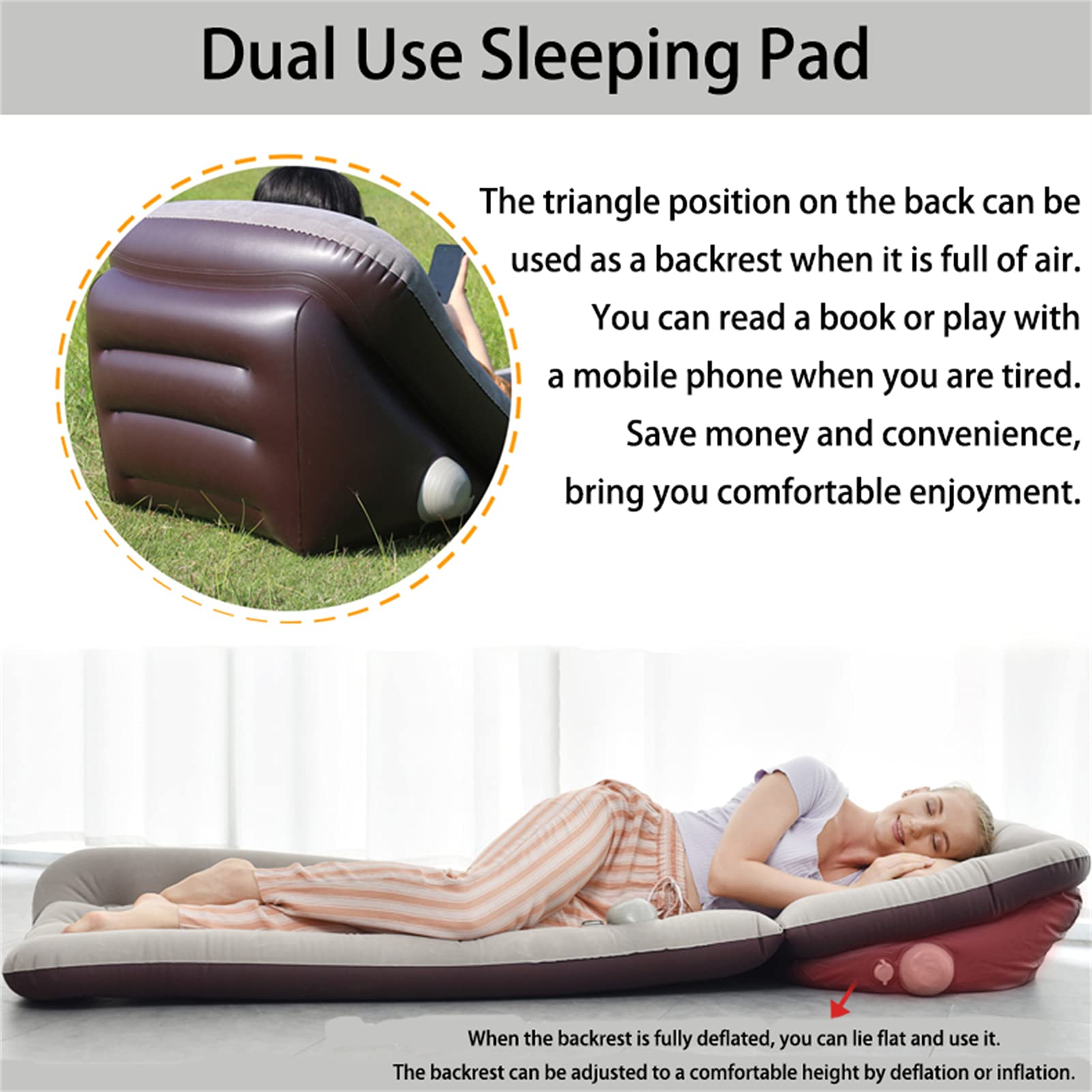 Lettino gonfiabile da campeggio con schienale, doppio uso singolo cuscino per il sonno escursionismo gonfiabile materassino gonfiabile Roll Mat portatile leggero con borsa da viaggio (blu-B)