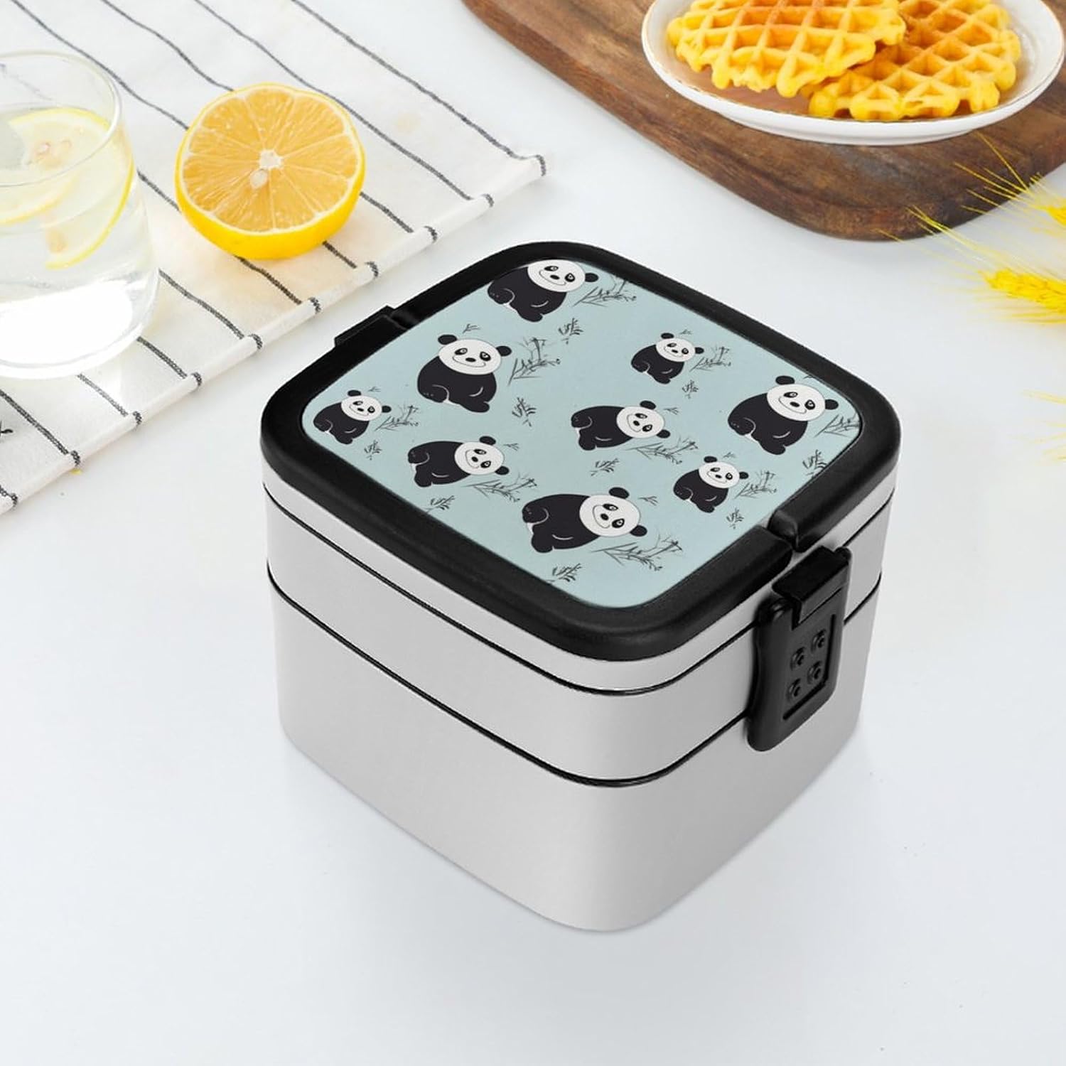 Cartoon Panda Bear Bento Box Adult Lunch Box Containers with Spoons Double Layered Lunch Containers Portable Lunch Boxes Food Container for Work Picnic Travel