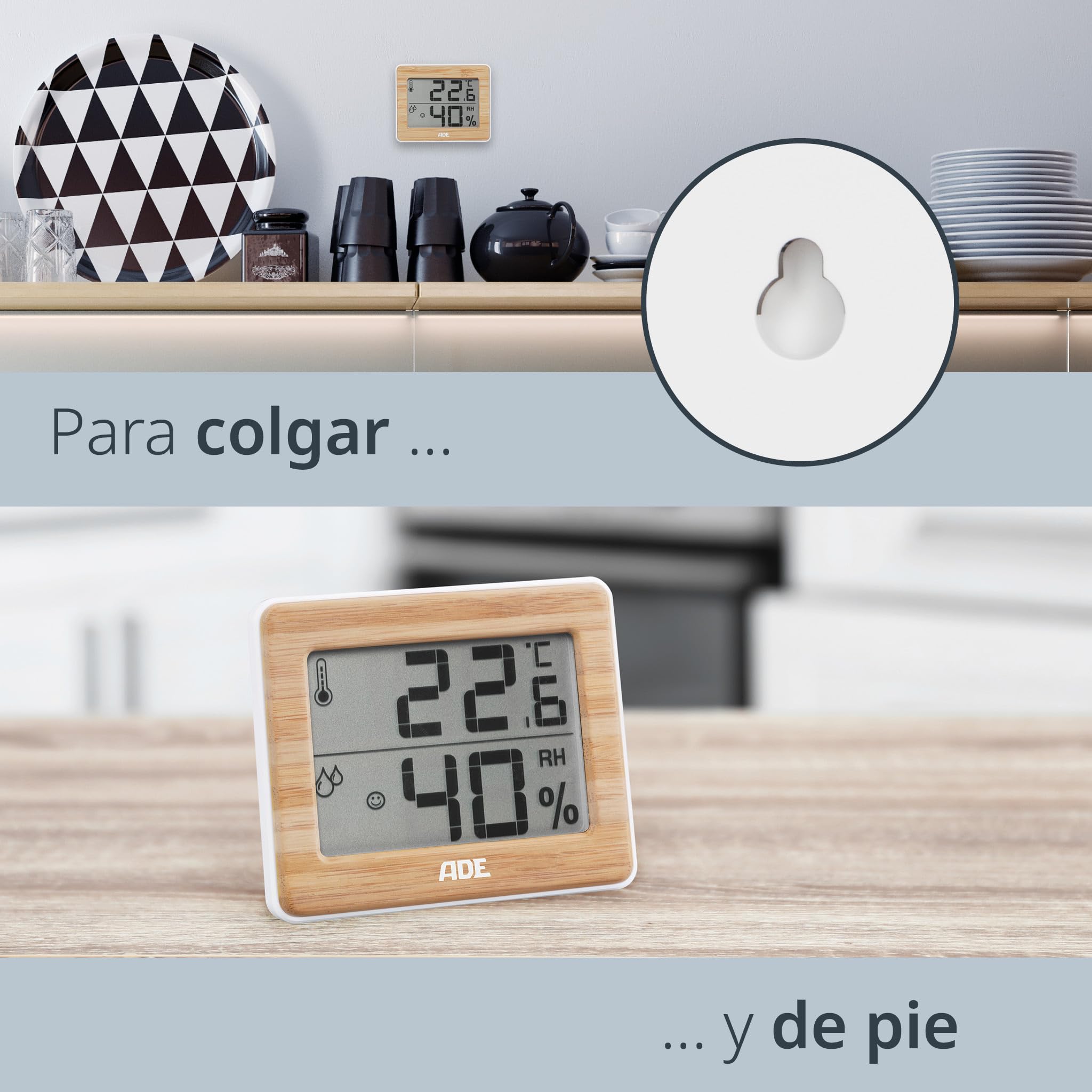 ADE Higrómetro digital para indicar la humedad y la zona de confort | termómetro con indicación precisa de la temperatura | pantalla LCD | bambú | 2 piezas