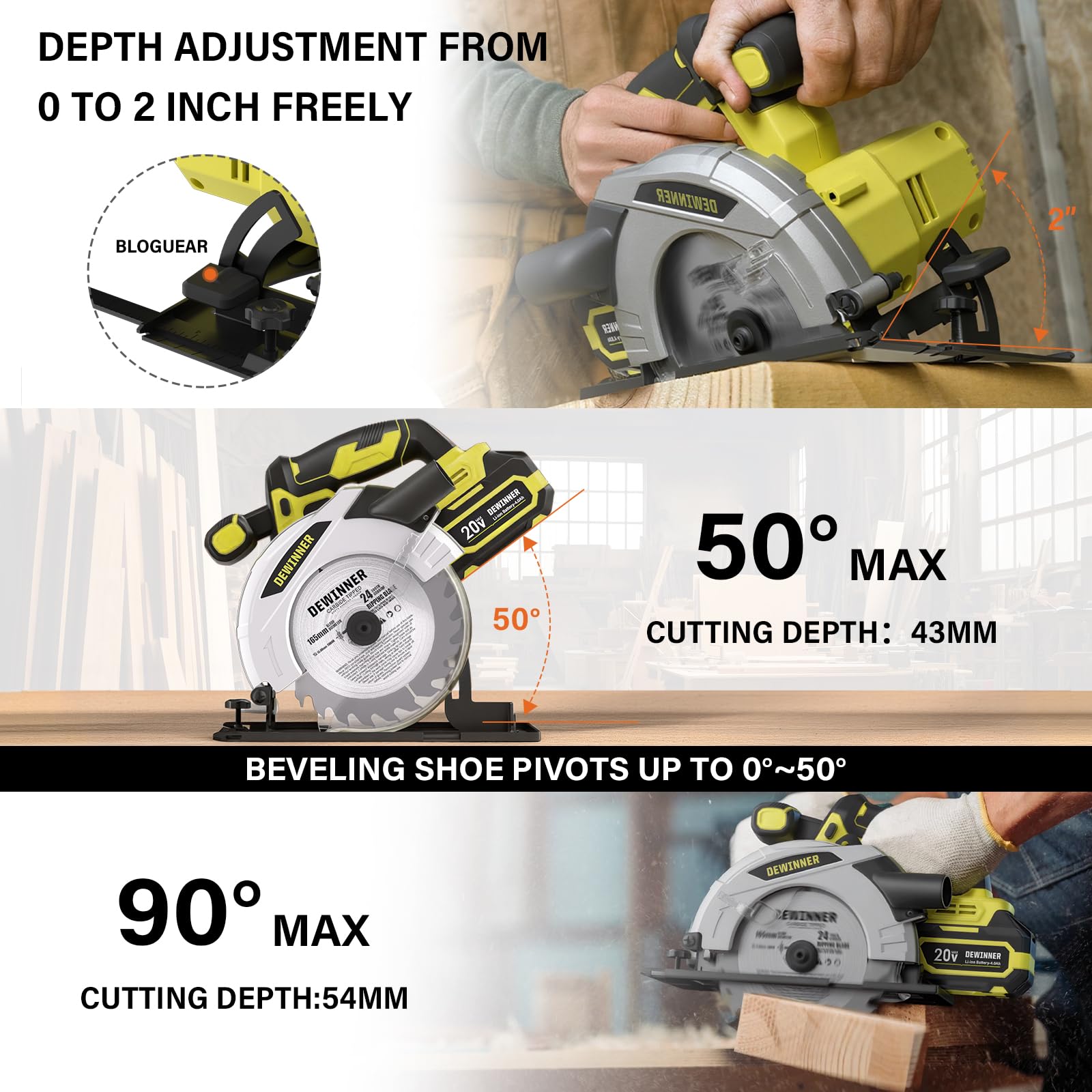 DEWINNER Sierra Circular Inalámbrica,Sierra Circular de Mano 4000RPM con Batería 4.0Ah,Corte 54mm(90°)-38mm(45°), 3 Hojas 165mm 24Dientes + Bolsa Lona, Ideal para Corte Madera (Dos Baterías)