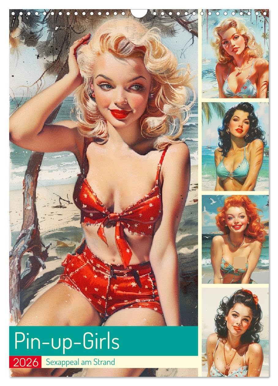Pin-up-Girls. Sexappeal am Strand UK-Version (Wall Calendar 2026 DIN A3 Portrait), CALVENDO 12 Month Wall Calendar โ image 1