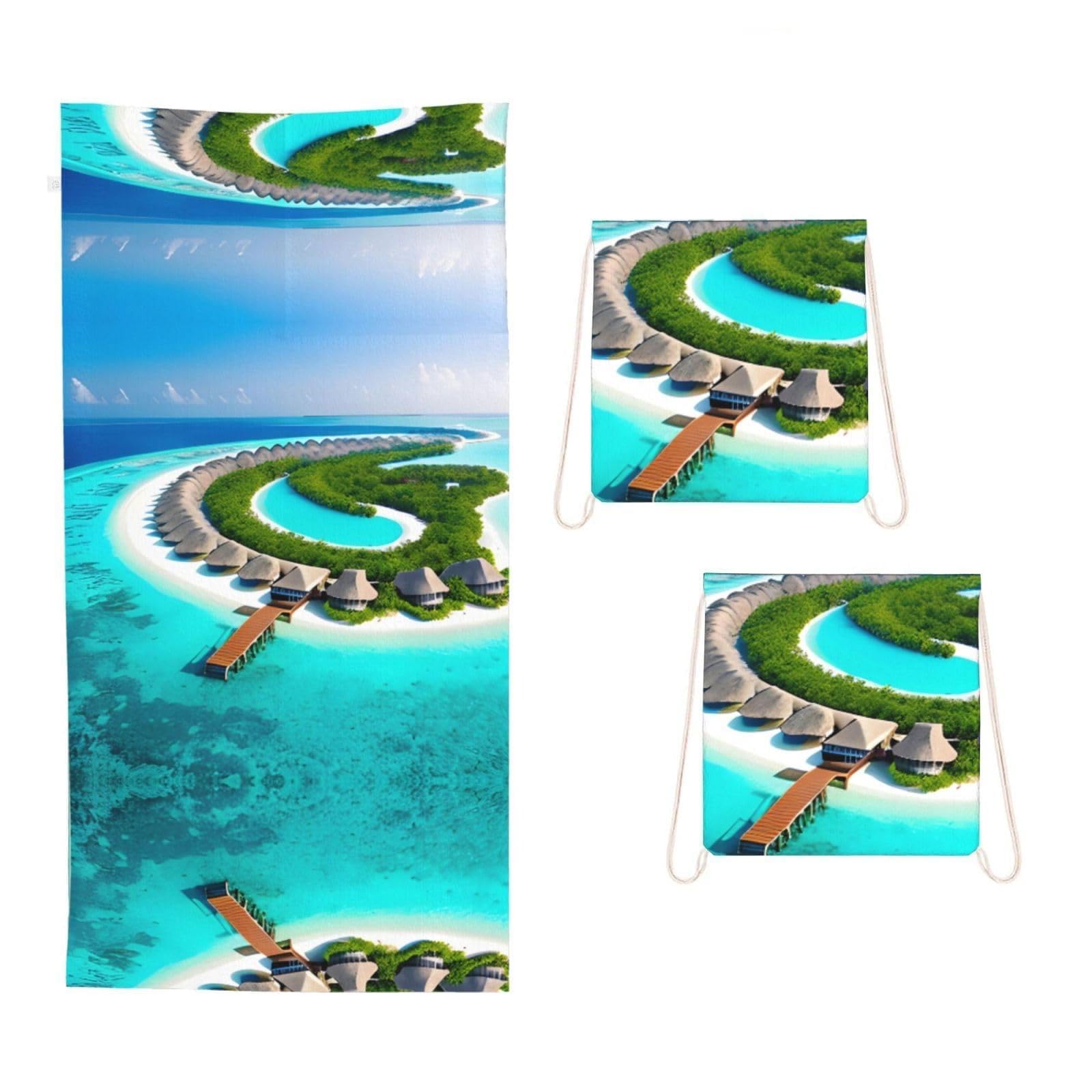 CNTDBU Maldives Scenery 2 in 1 Packable Towel Bag-Large Beach Towel with Stuff Sack, Super Absorbent Microfiber Travel Towel for Pool