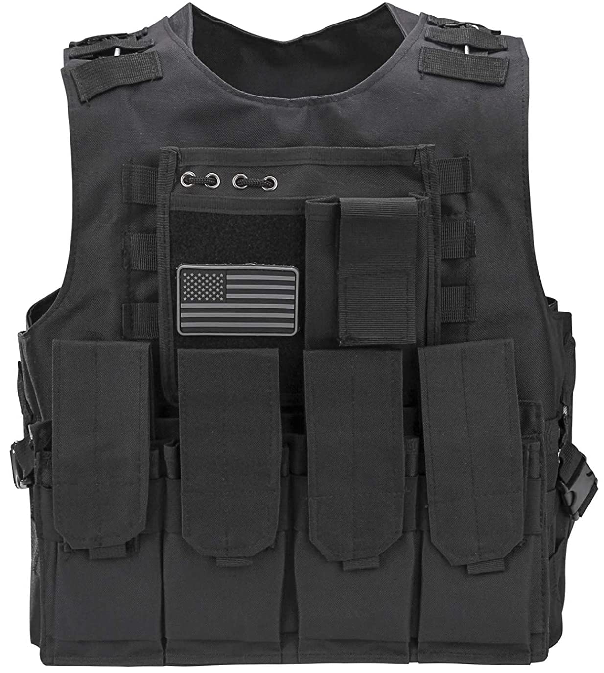 Tactical Airsoft Vest w/US Flag Patch and Triple Pouches (black, small-large)
