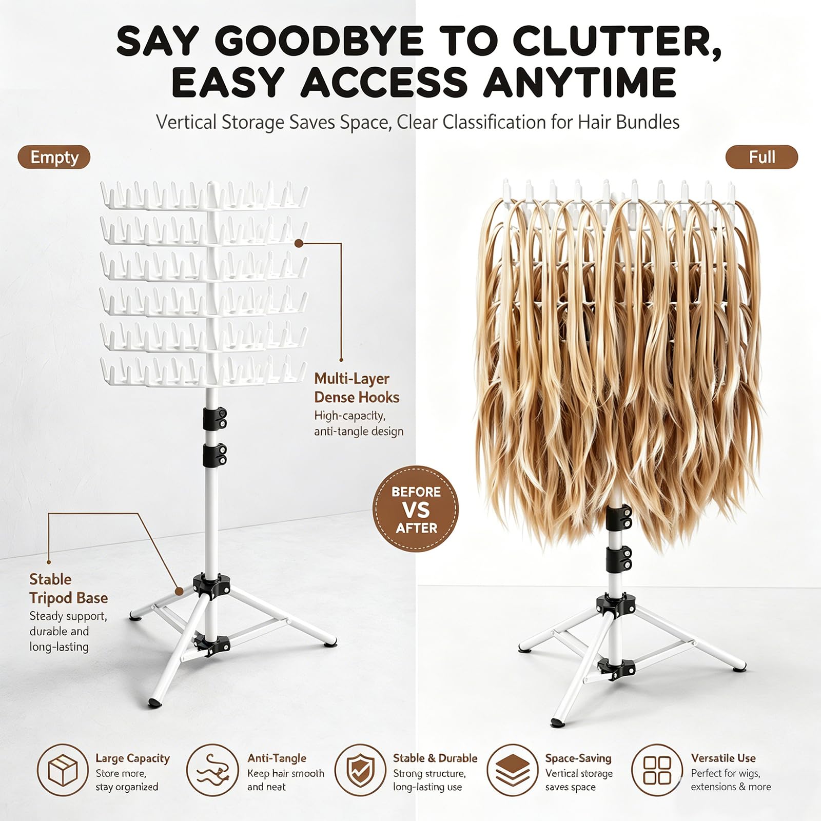 Braiding Hair Rack regolabile in altezza e pieghevole – 144 perni extension per capelli con fermagli per capelli + pettini, supporto per parrucchieri e trecce (bianco)