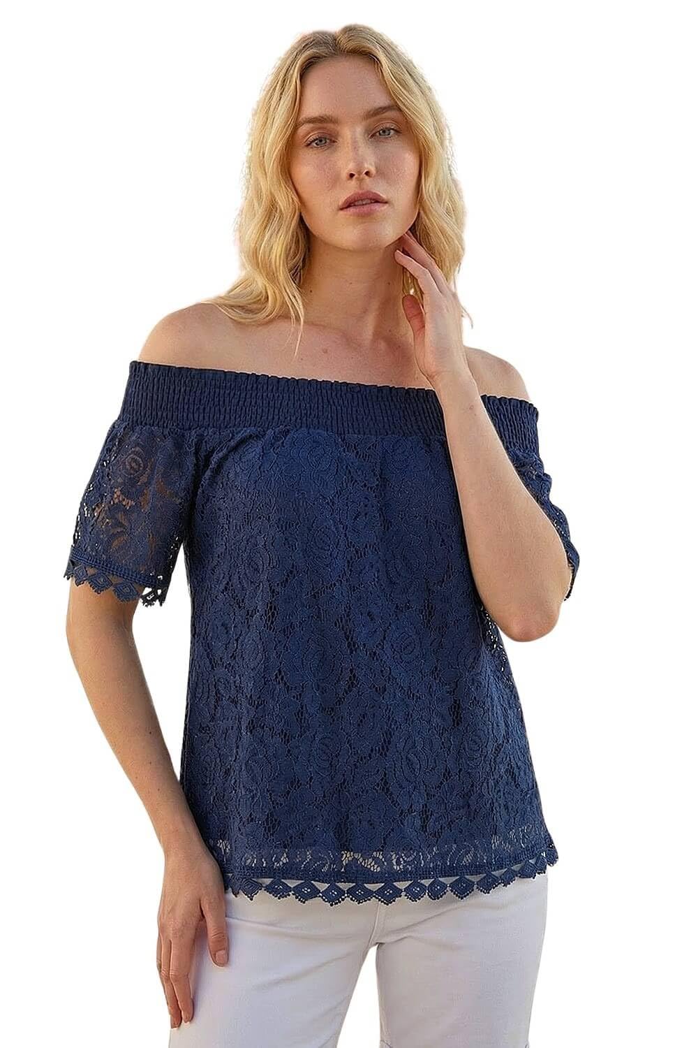 Roman Women's Navy Lace Detail Bardot Top In Size 20