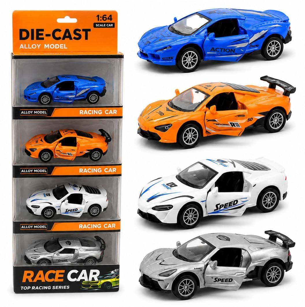 Galaxy Hi-Tech Diecast Metal Toy Super car Set of 4 Pull Back Racers Alloy Die Cast Openable Doors Racing Car for Kids High Speed Metal Toy Car Play Set for Children Best Gifts Toys for Boys — Amazon image 3