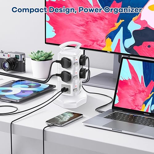 Miniatura 4 de Regleta de alimentación USB C de 10 tomas, protector de sobretensiones de 20 W, cable de extensión retráctil con 4 puertos USB, organizador de