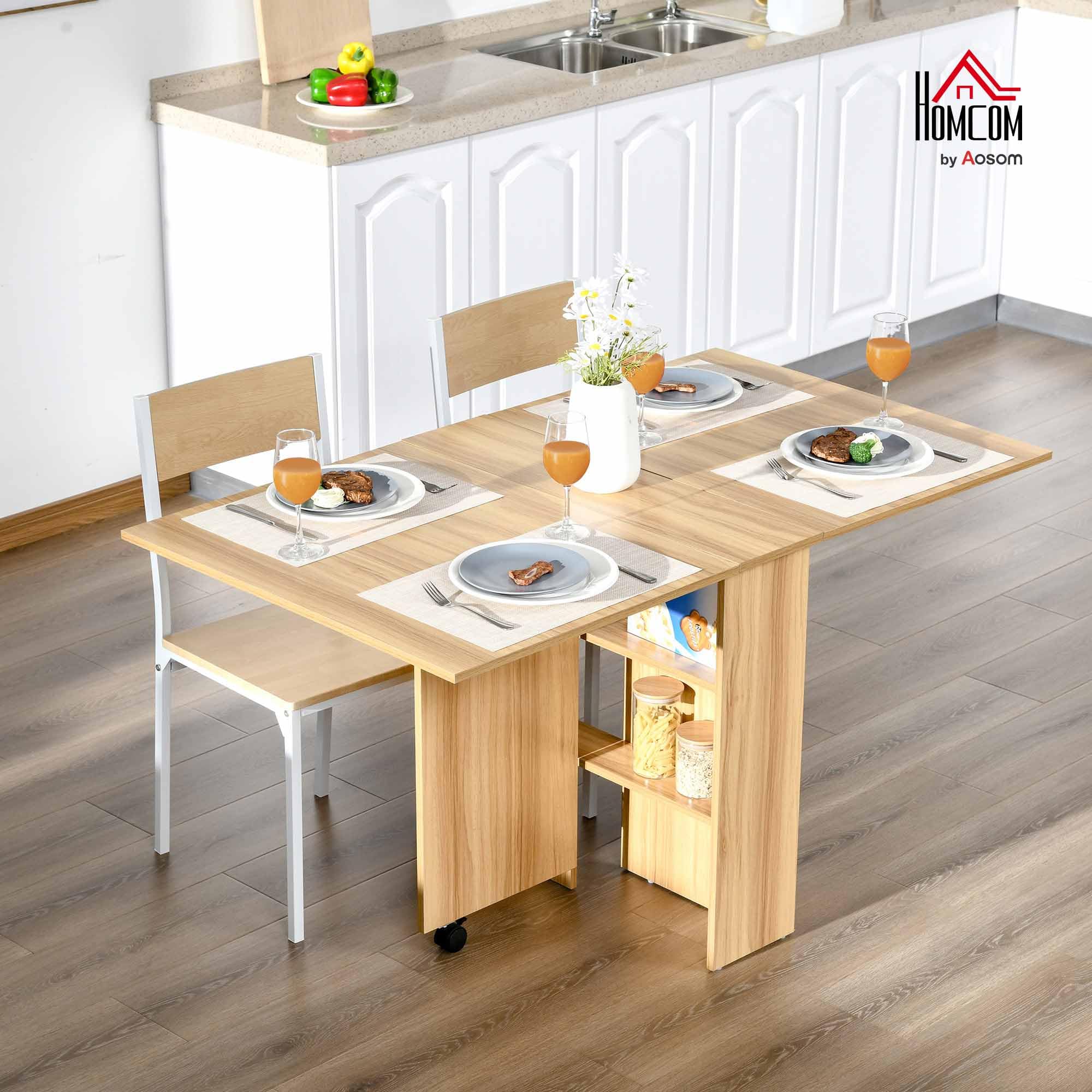 HOMCOM Tavolo da Pranzo Pieghevole con Ruote 140x80x74 cm Legno Naturale | Tavolo Cucina a Ribalta, Ruote a Freno, per 4-6 Persone, Scrivania Richiudibile con Ripiani, per Soggiorno